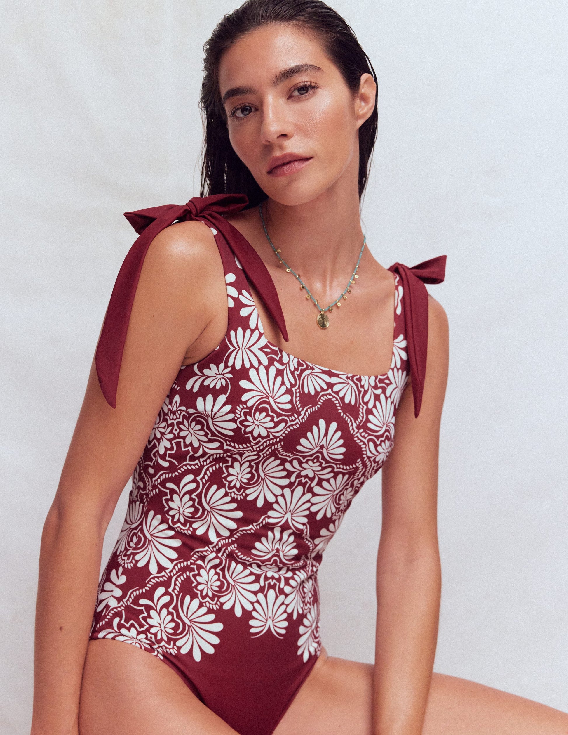 Bow Tie Shoulder Swimsuit-Maroon, Botanical Charm-2