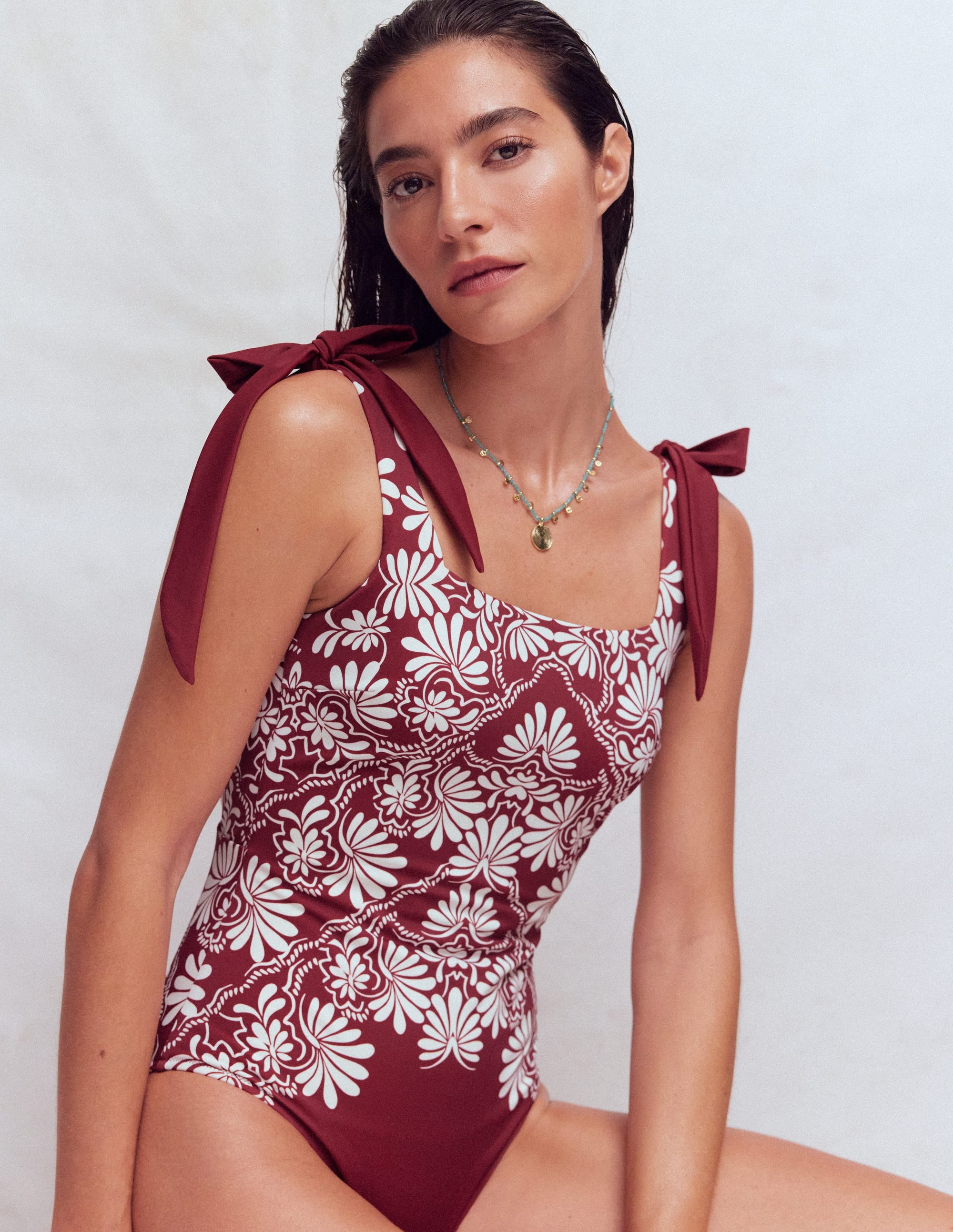 Bow Tie Shoulder Swimsuit-Maroon, Botanical Charm - Image 1