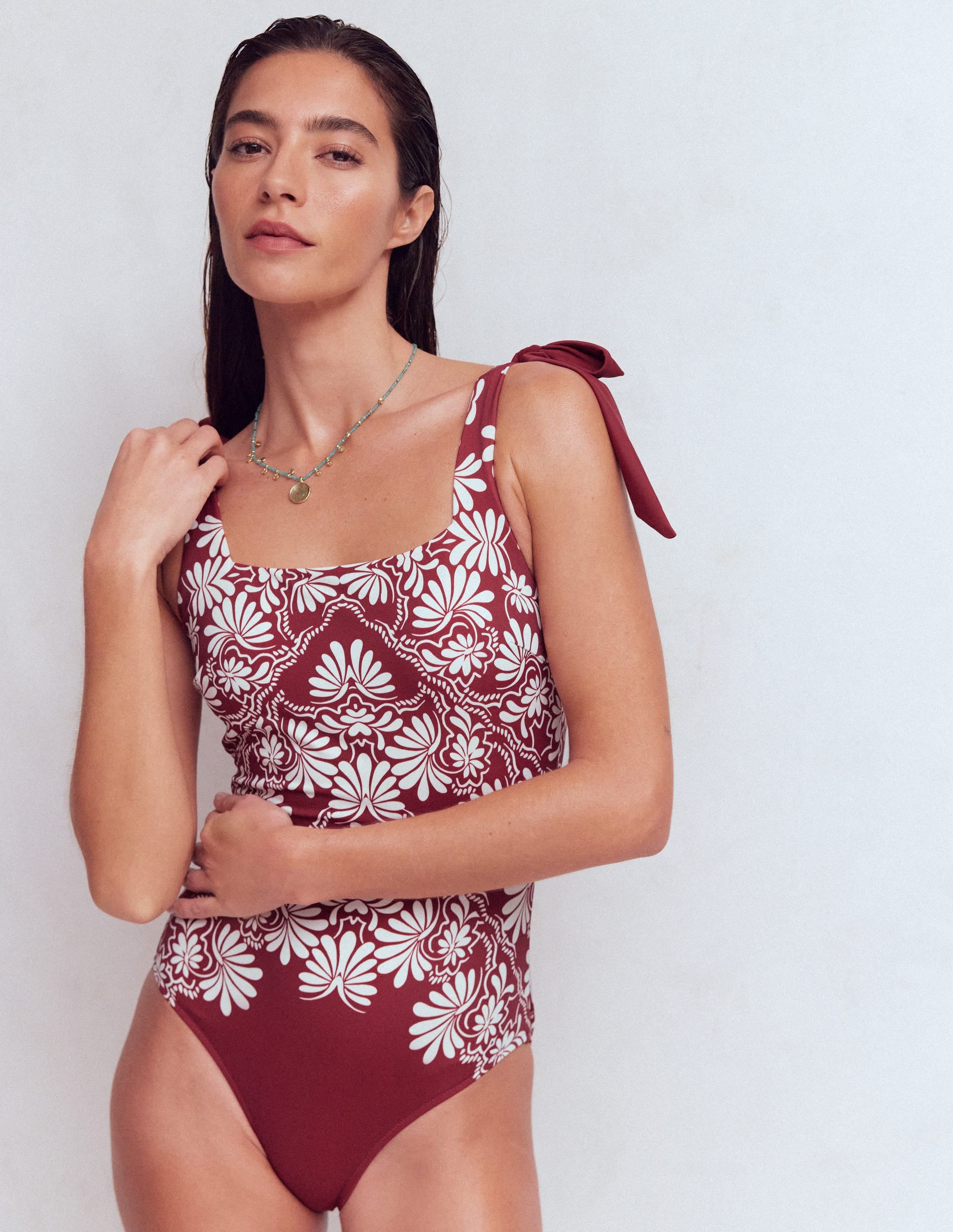Bow Tie Shoulder Swimsuit-Maroon, Botanical Charm - Image 4