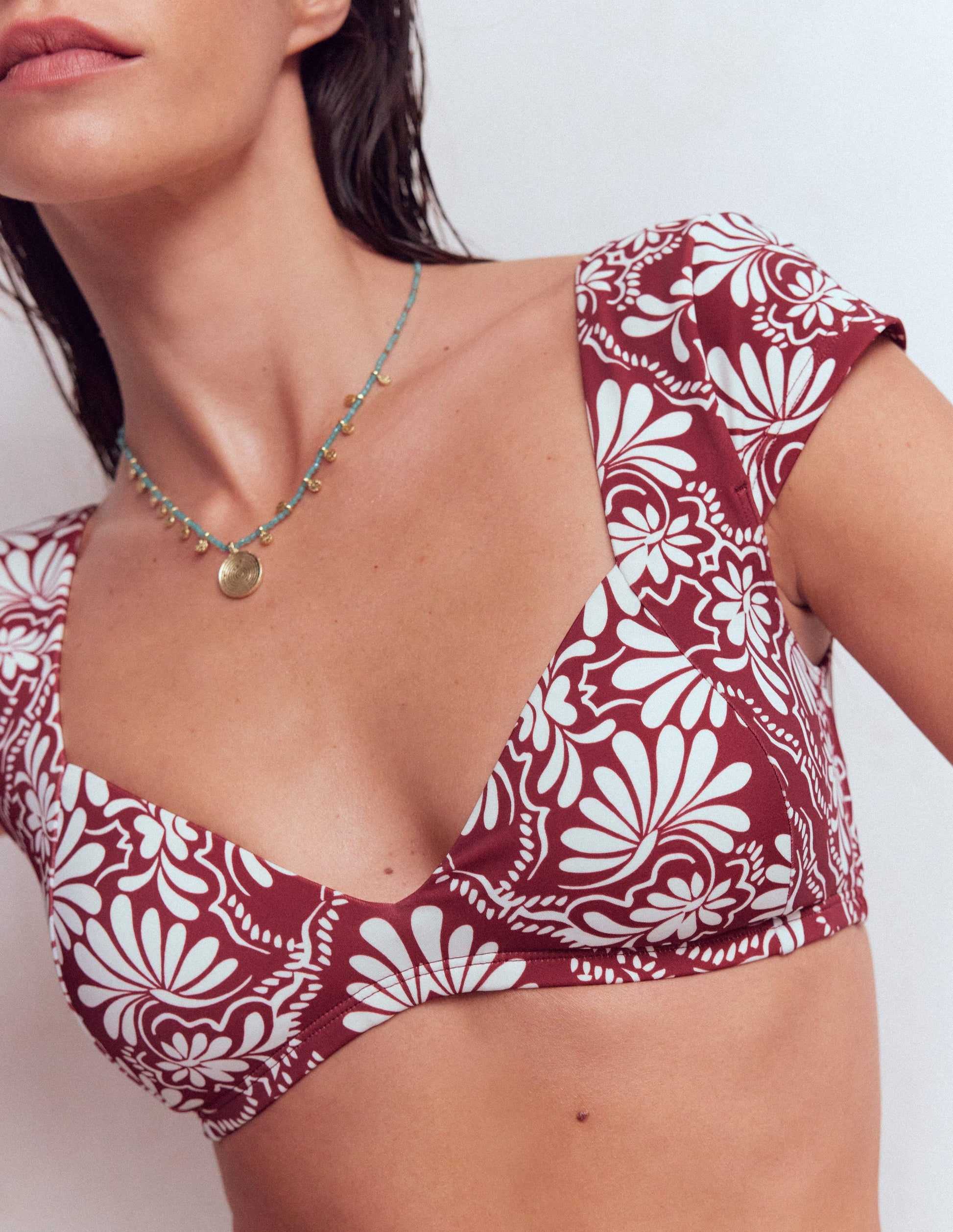 Sweetheart Sleeve Bikini Top-Maroon, Botanical Charm-3