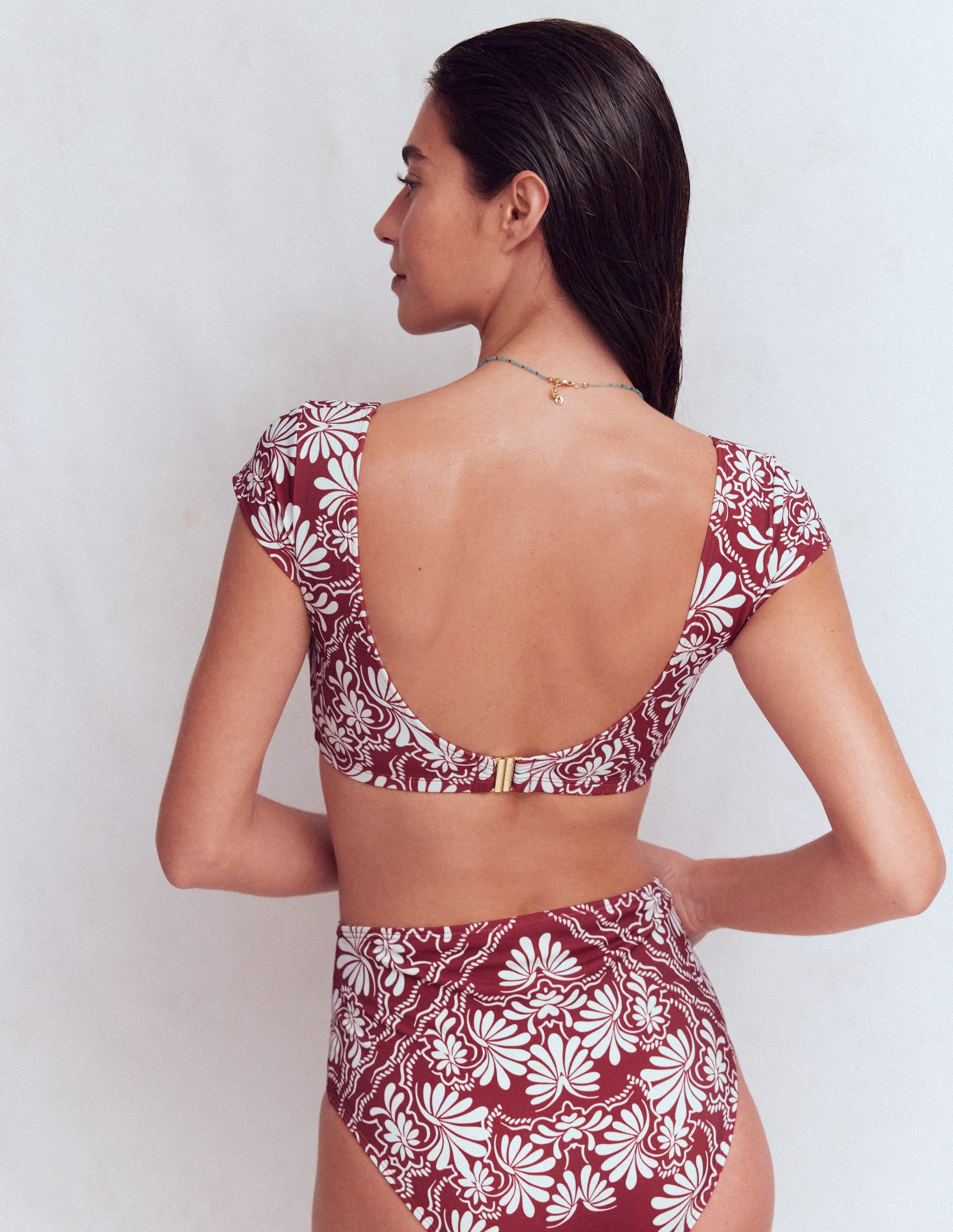 Sweetheart Sleeve Bikini Top-Maroon, Botanical Charm - Image 3