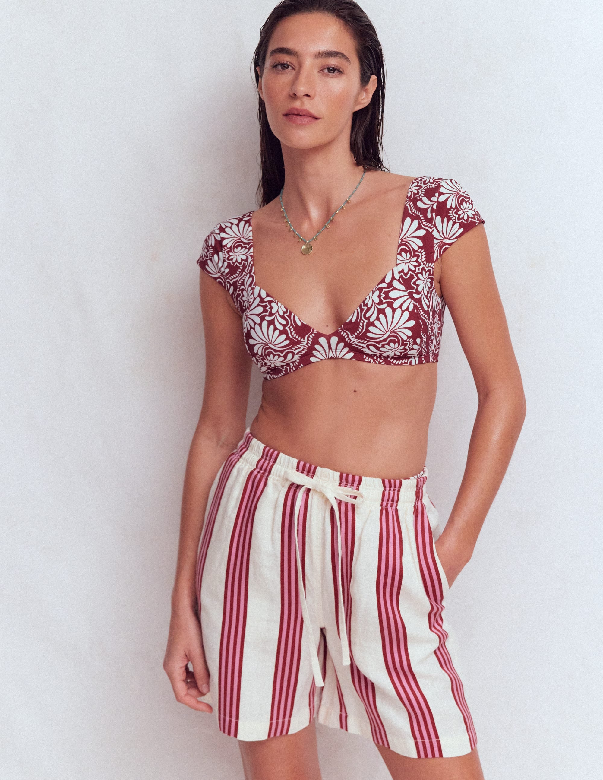 Sweetheart Sleeve Bikini Top-Maroon, Botanical Charm - Image 4