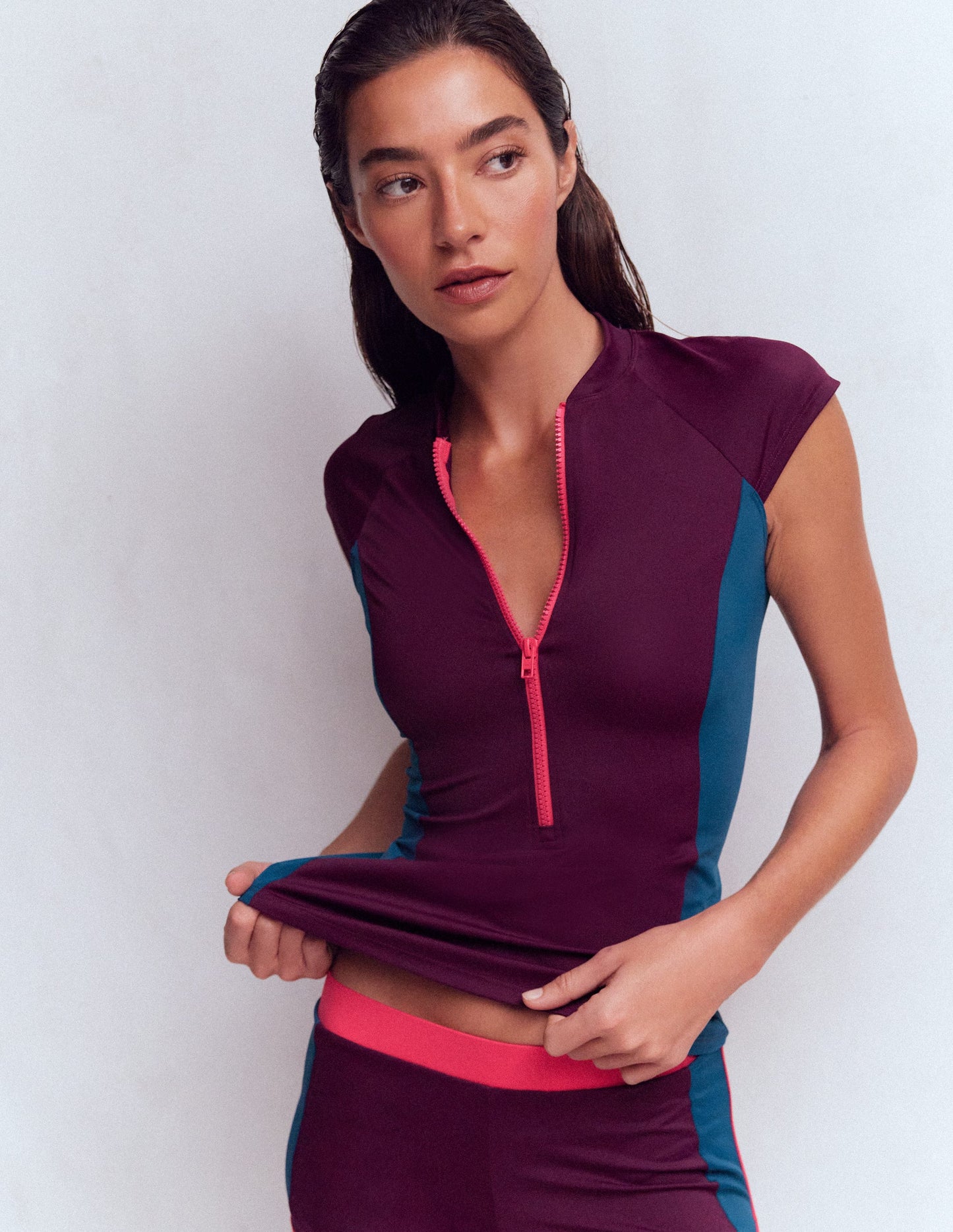 Short Sleeve Rash Guard Top-Purple, Colour block