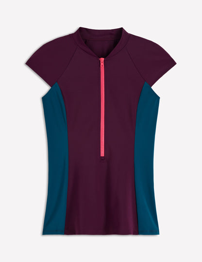 Short Sleeve Rash Guard Top-Purple, Colour block-5