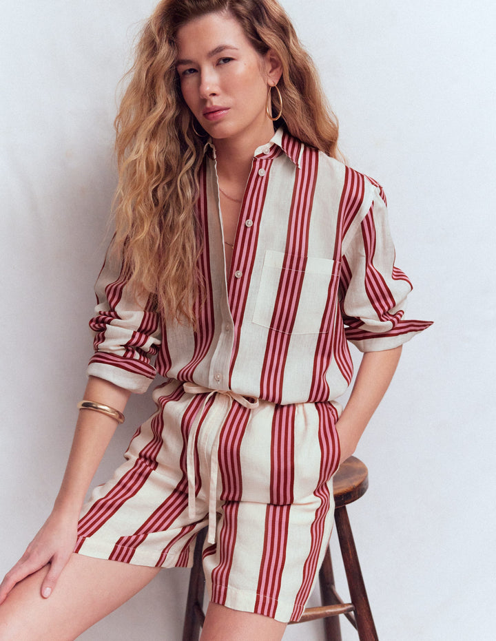 Sadie Relaxed Linen Shirt-Ivory, Red/Pink Stripe