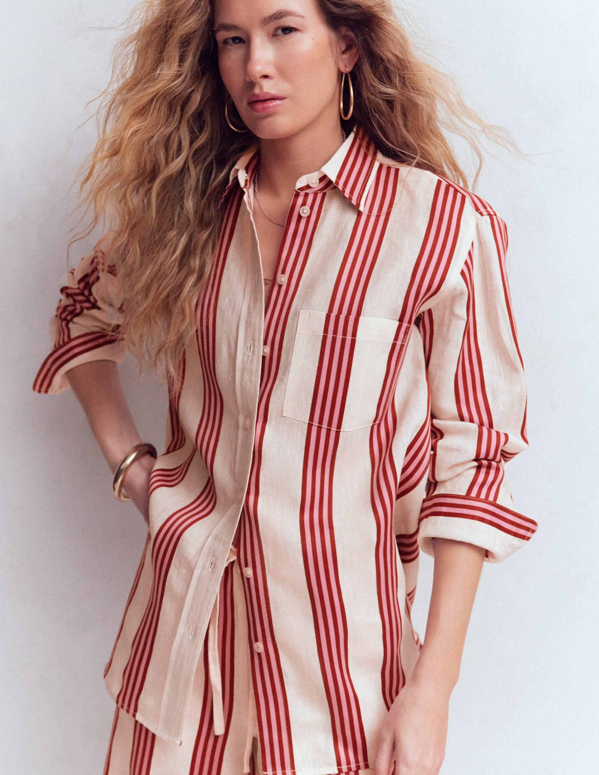Sadie Relaxed Linen Shirt-Ivory, Red/Pink Stripe-2
