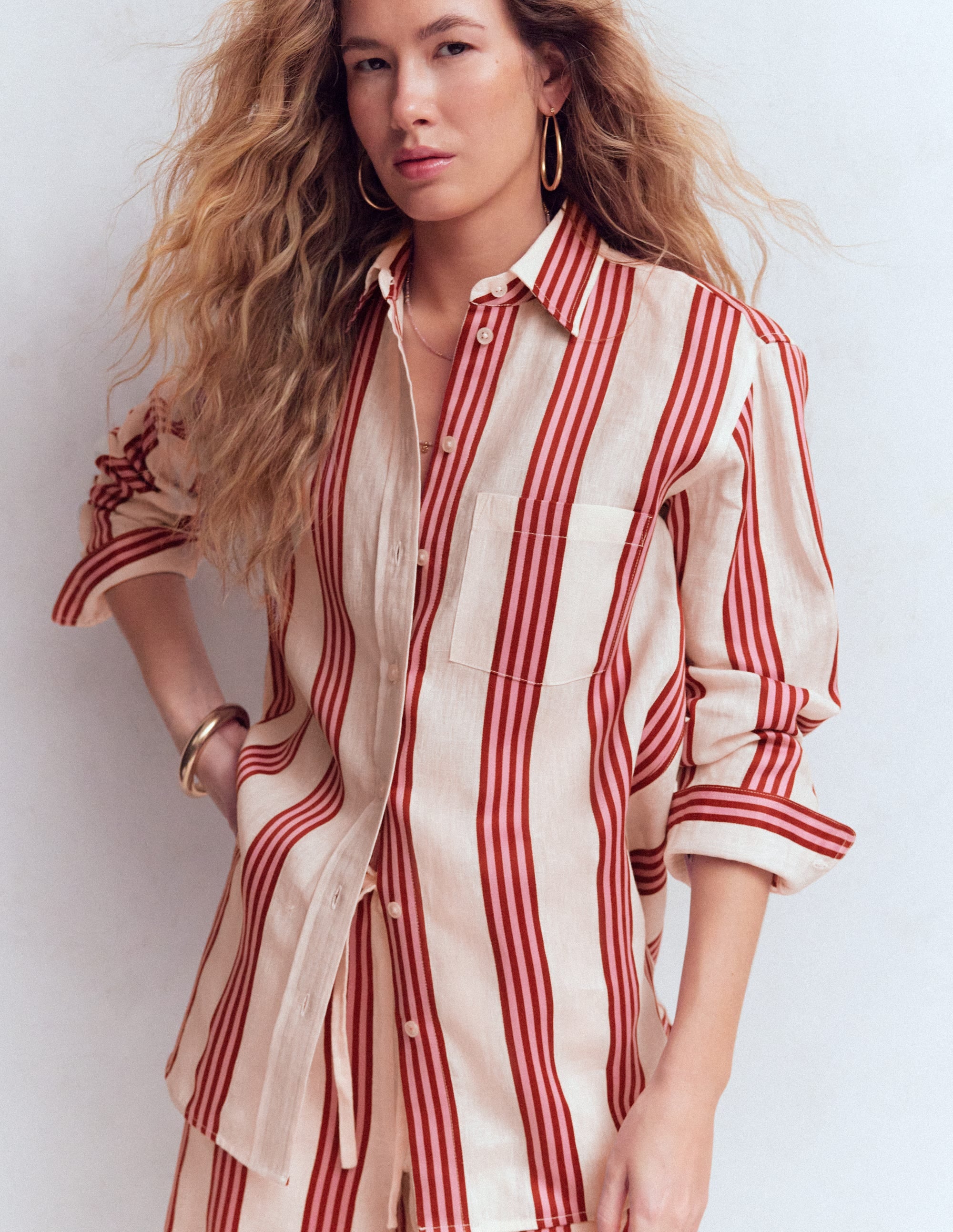 Sadie Relaxed Linen Shirt-Ivory, Brown, Pink Stripe - Image 2