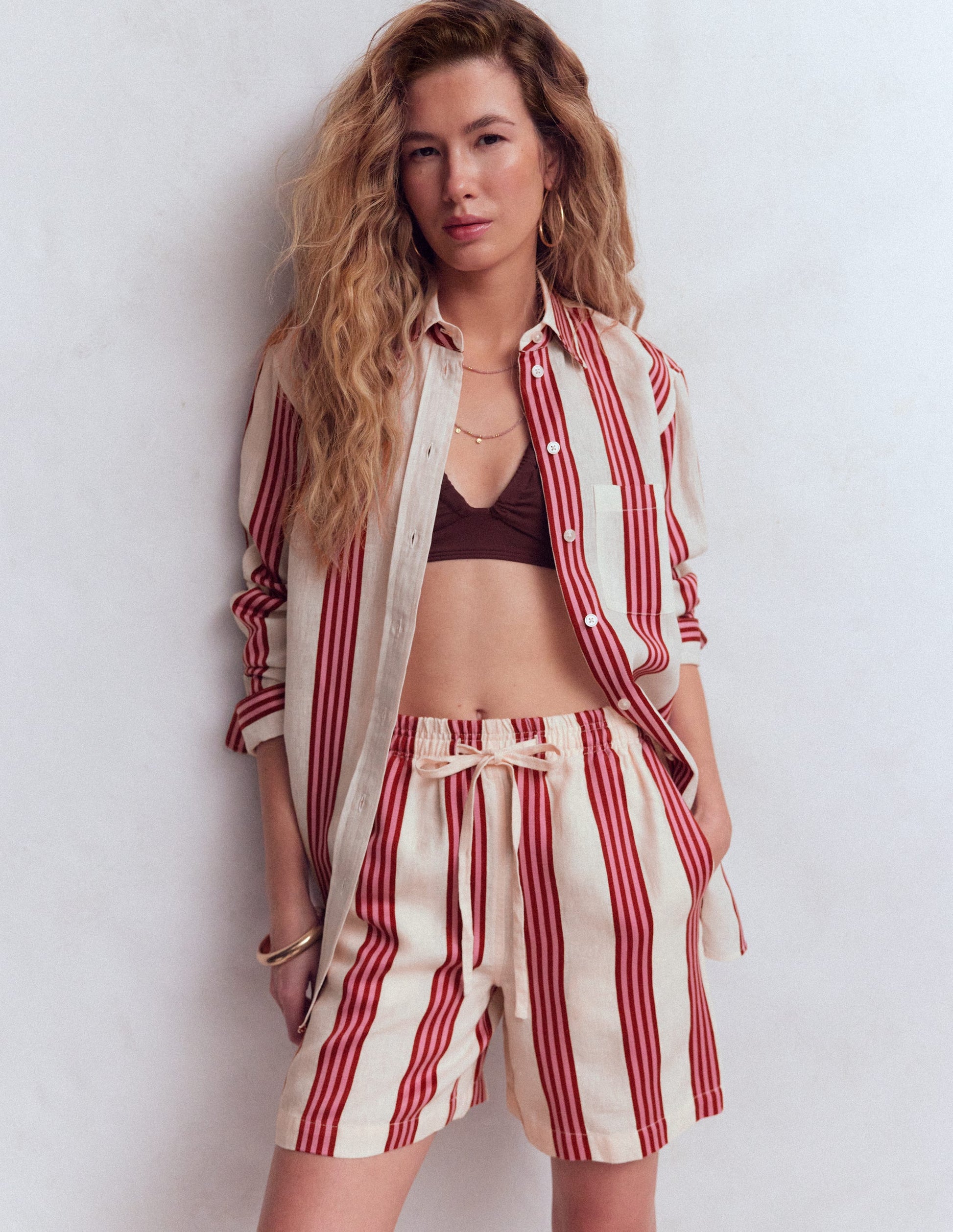 Sadie Relaxed Linen Shirt-Ivory, Red/Pink Stripe-5