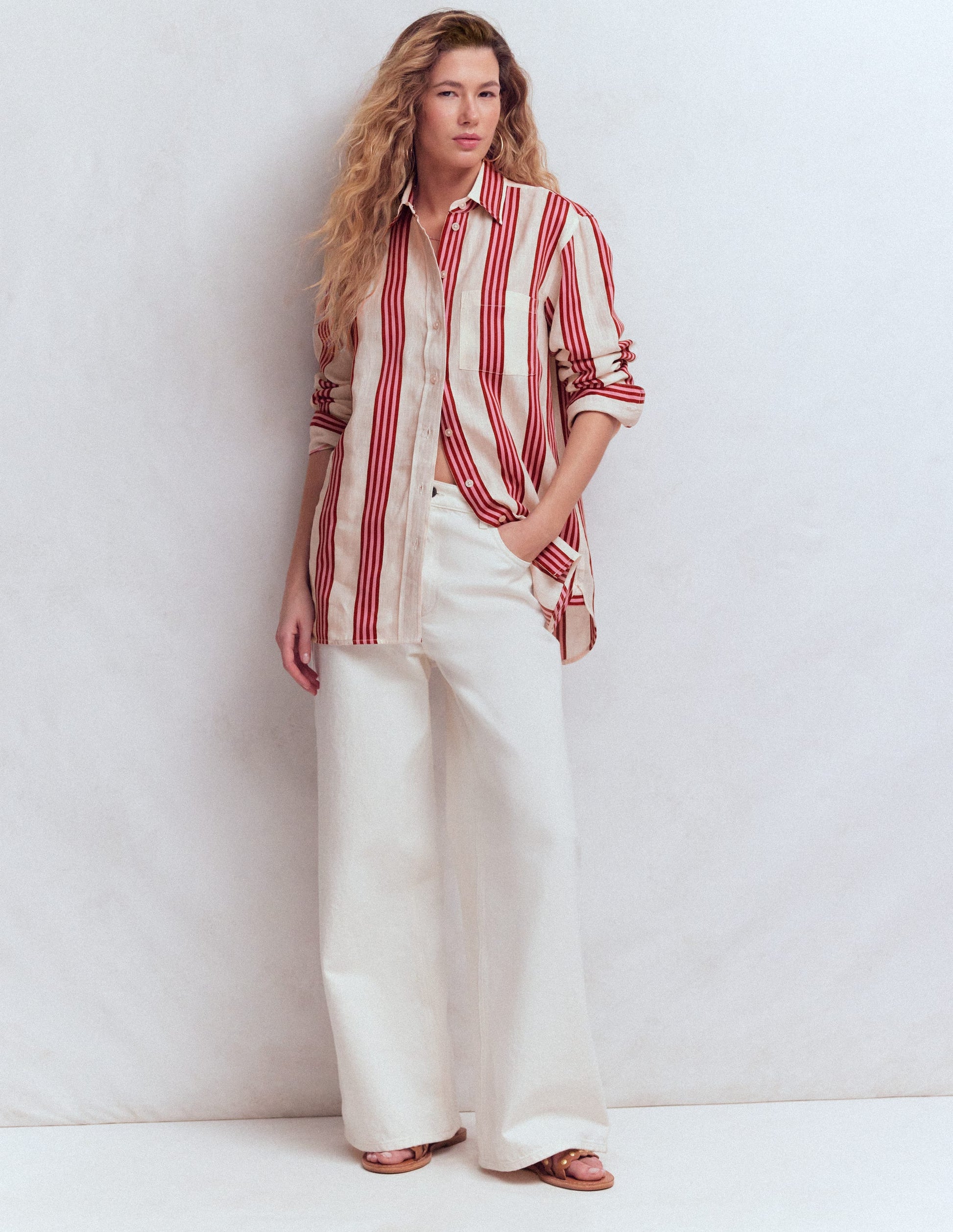 Sadie Relaxed Linen Shirt-Ivory, Red/Pink Stripe-6