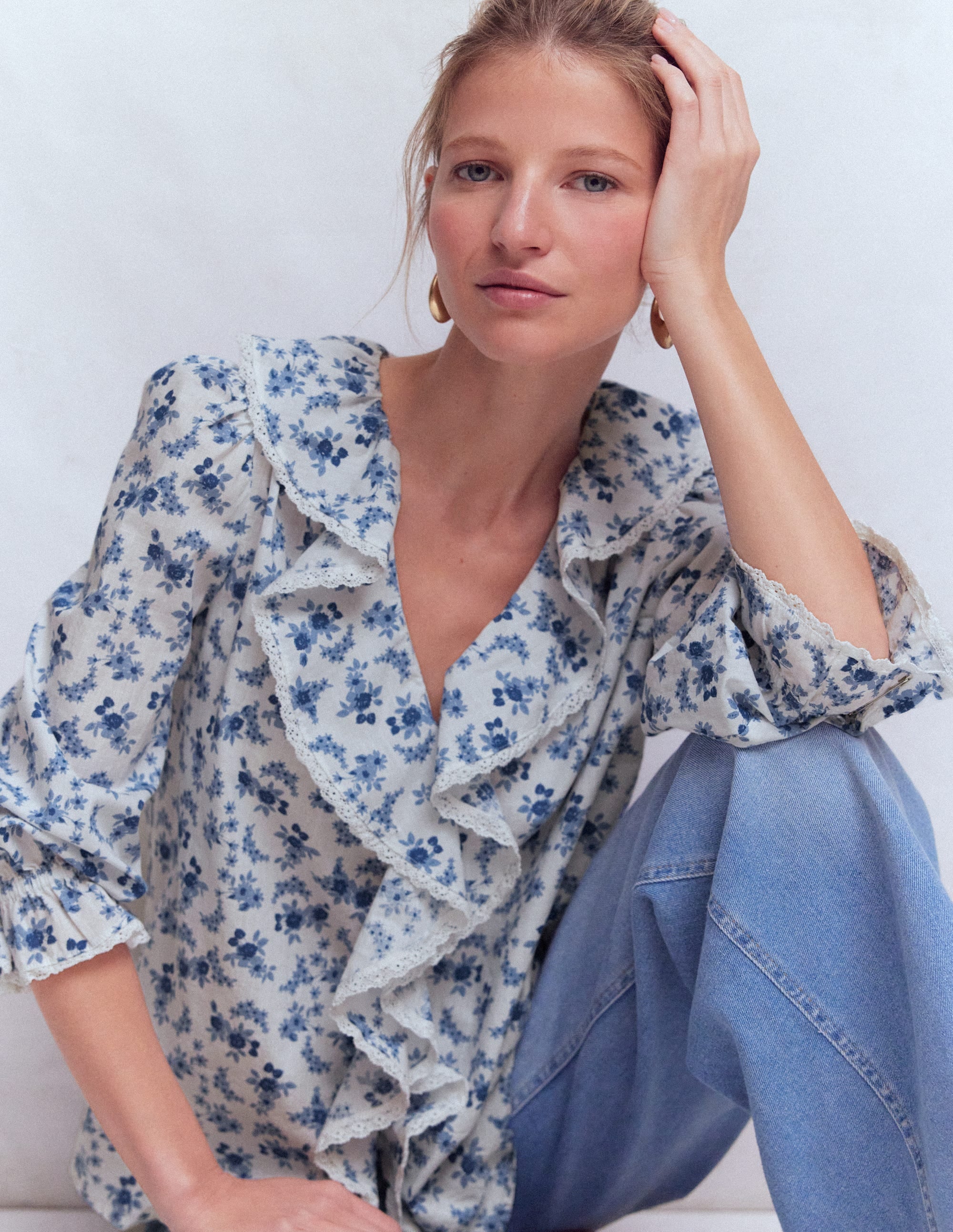 Eliza Ruffle V-Neck Blouse-Tourmaline Blue, Dainty Vine | Boden USA