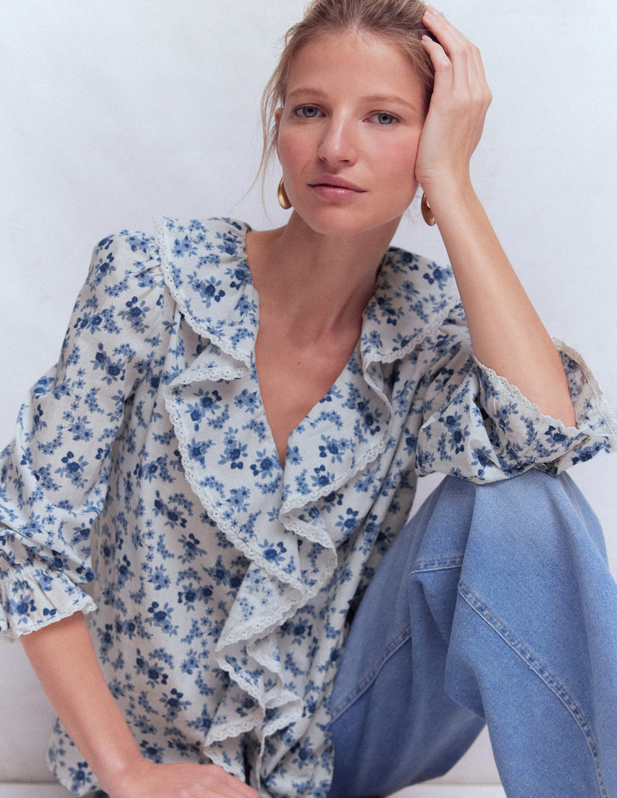 Eliza Ruffle V-Neck Blouse-Tourmaline Blue, Dainty Vine - Image 1