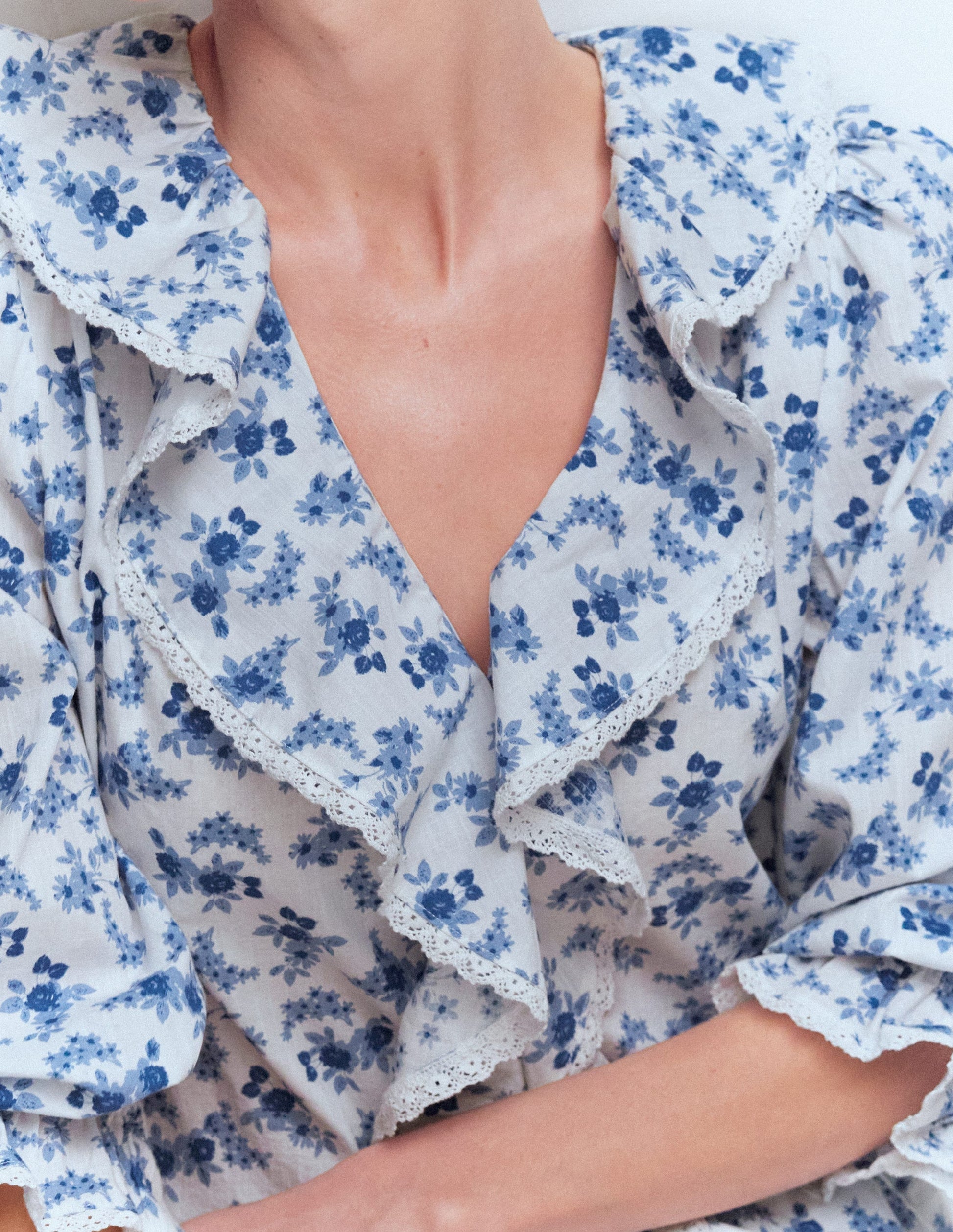Eliza Ruffle V-Neck Blouse-Blue Floral-3