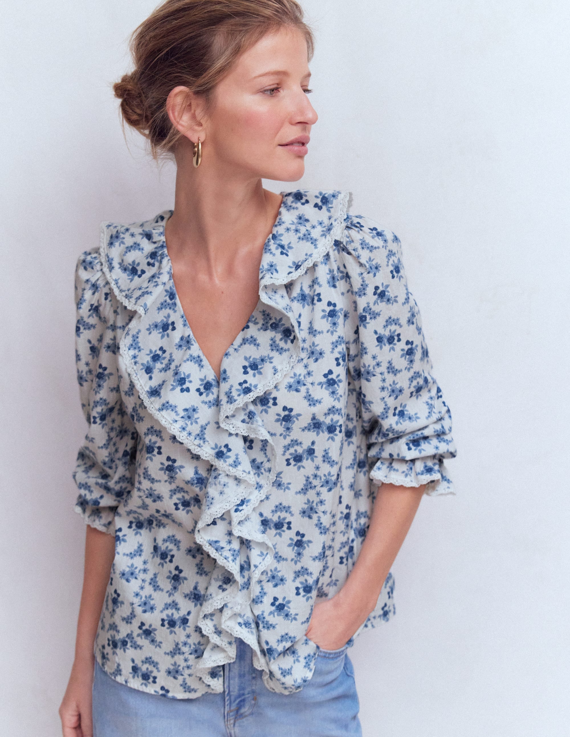 Eliza Ruffle V - Neck Blouse - Tourmaline Blue, Dainty Vine