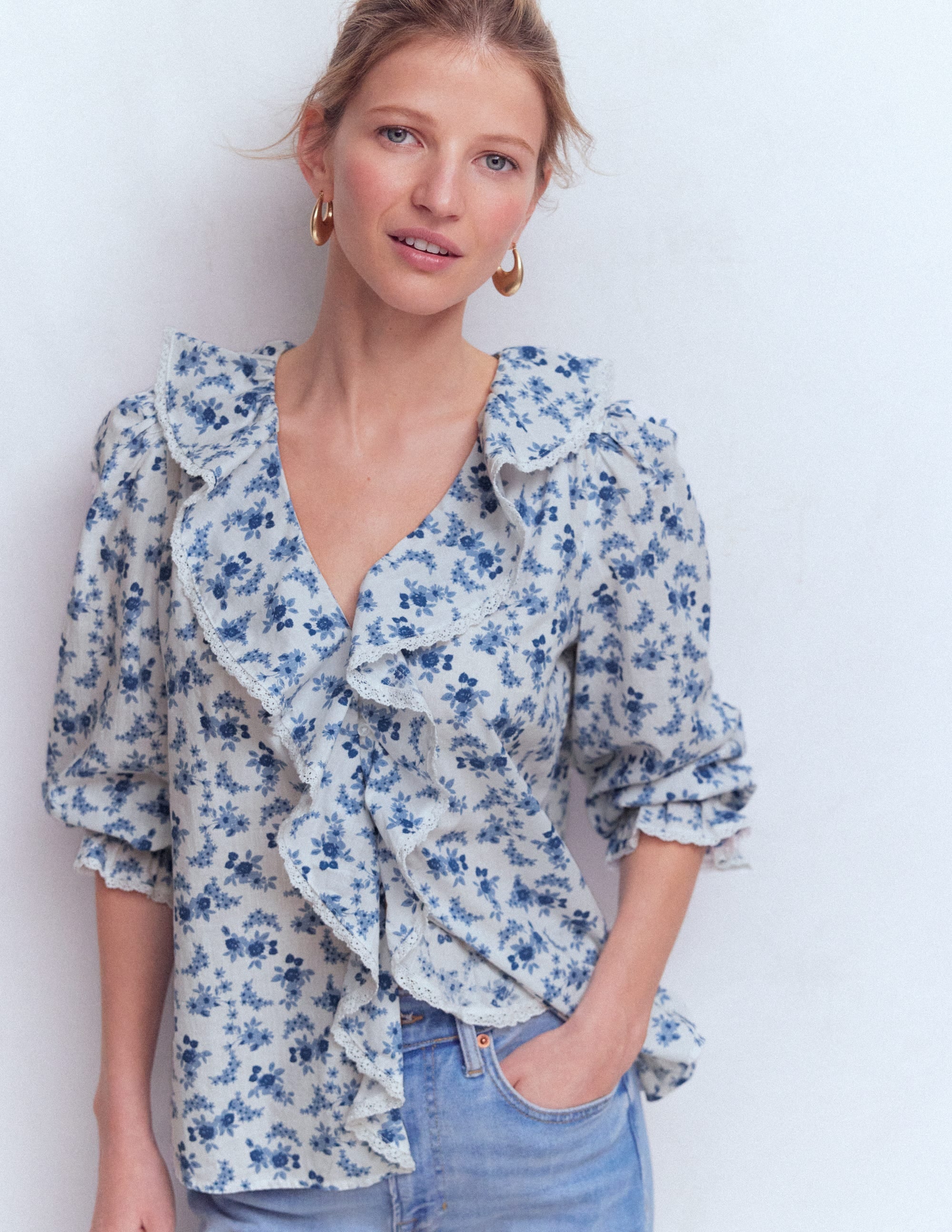 Eliza Ruffle V-Neck Blouse-Tourmaline Blue, Dainty Vine | Boden USA