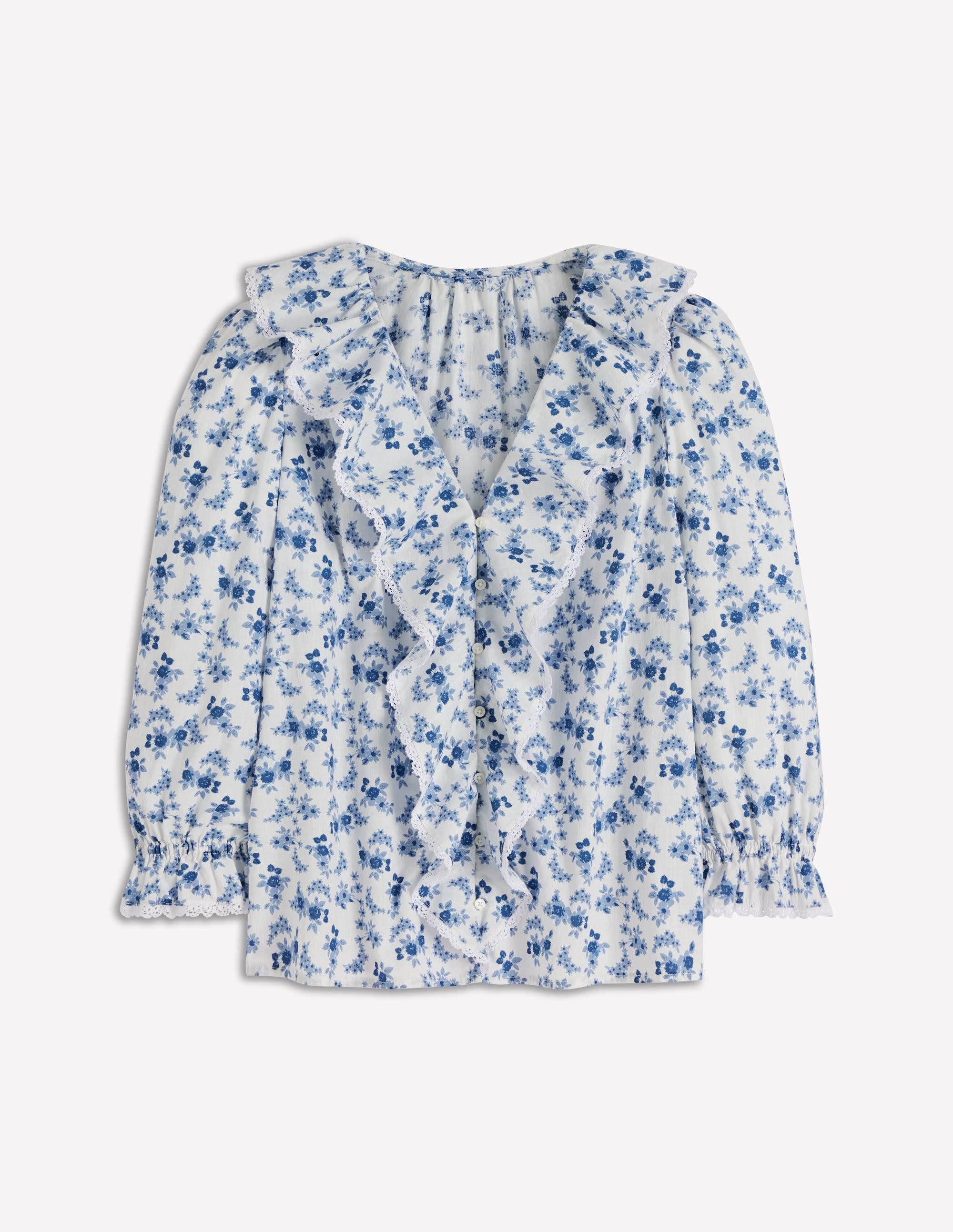 Eliza Ruffle V - Neck Blouse - Tourmaline Blue, Dainty Vine