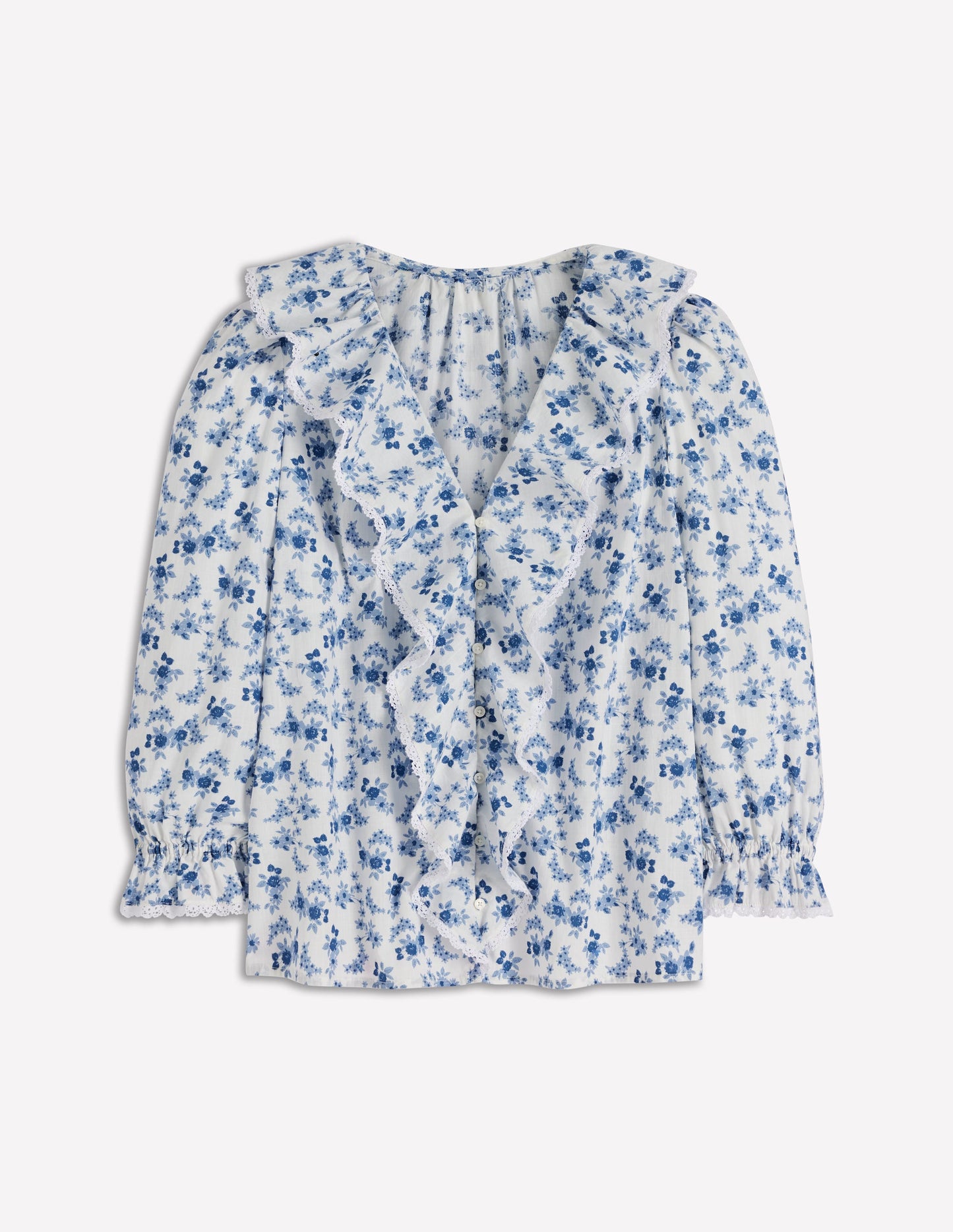 Eliza Ruffle V-Neck Blouse-Blue Floral