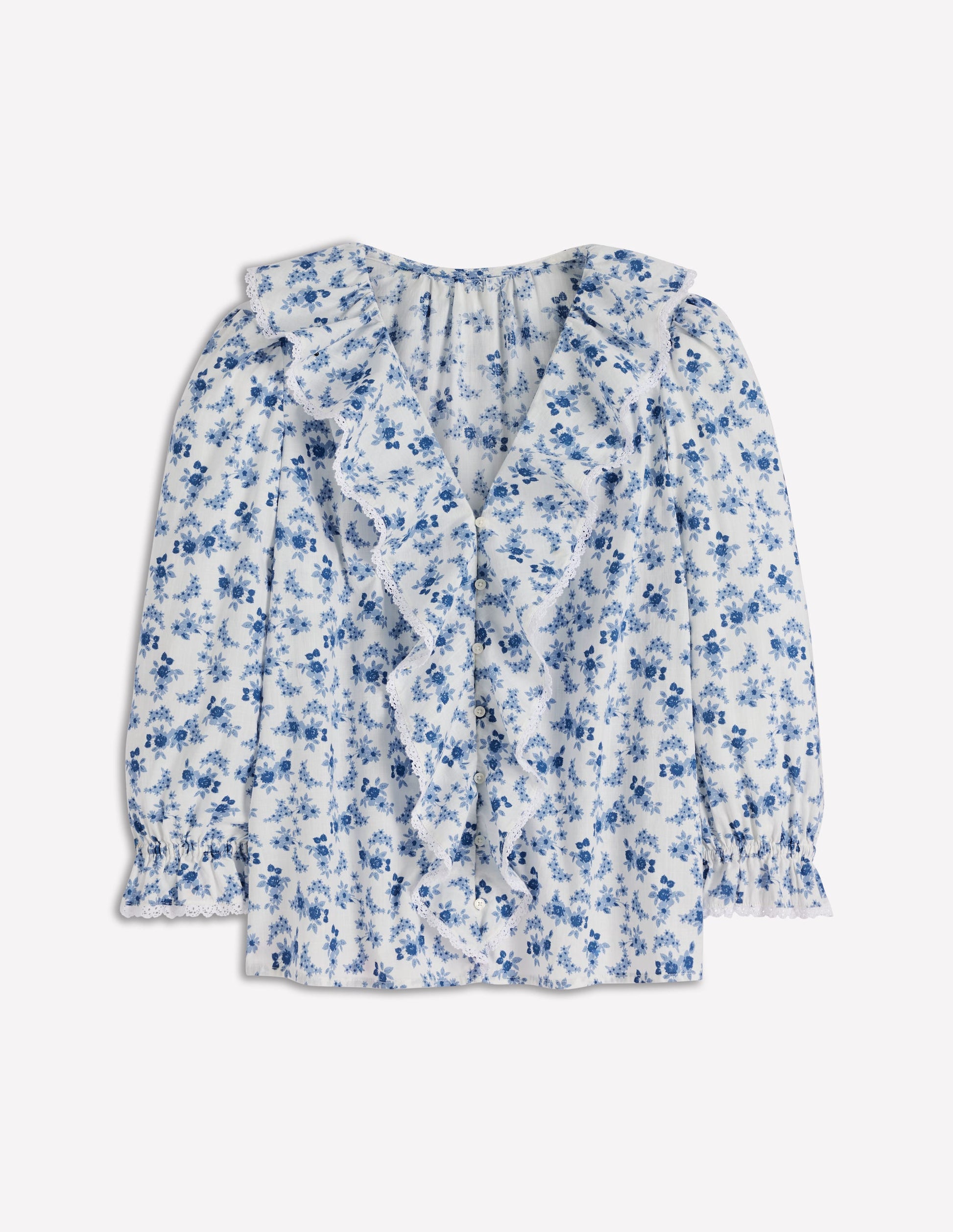 Eliza Ruffle V-Neck Blouse-Blue Floral-7