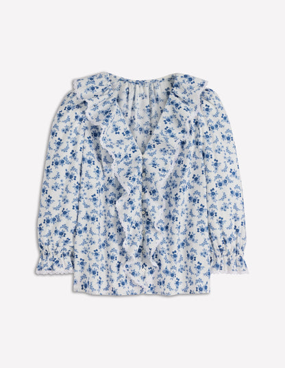 Eliza Ruffle V-Neck Blouse-Blue Floral-7