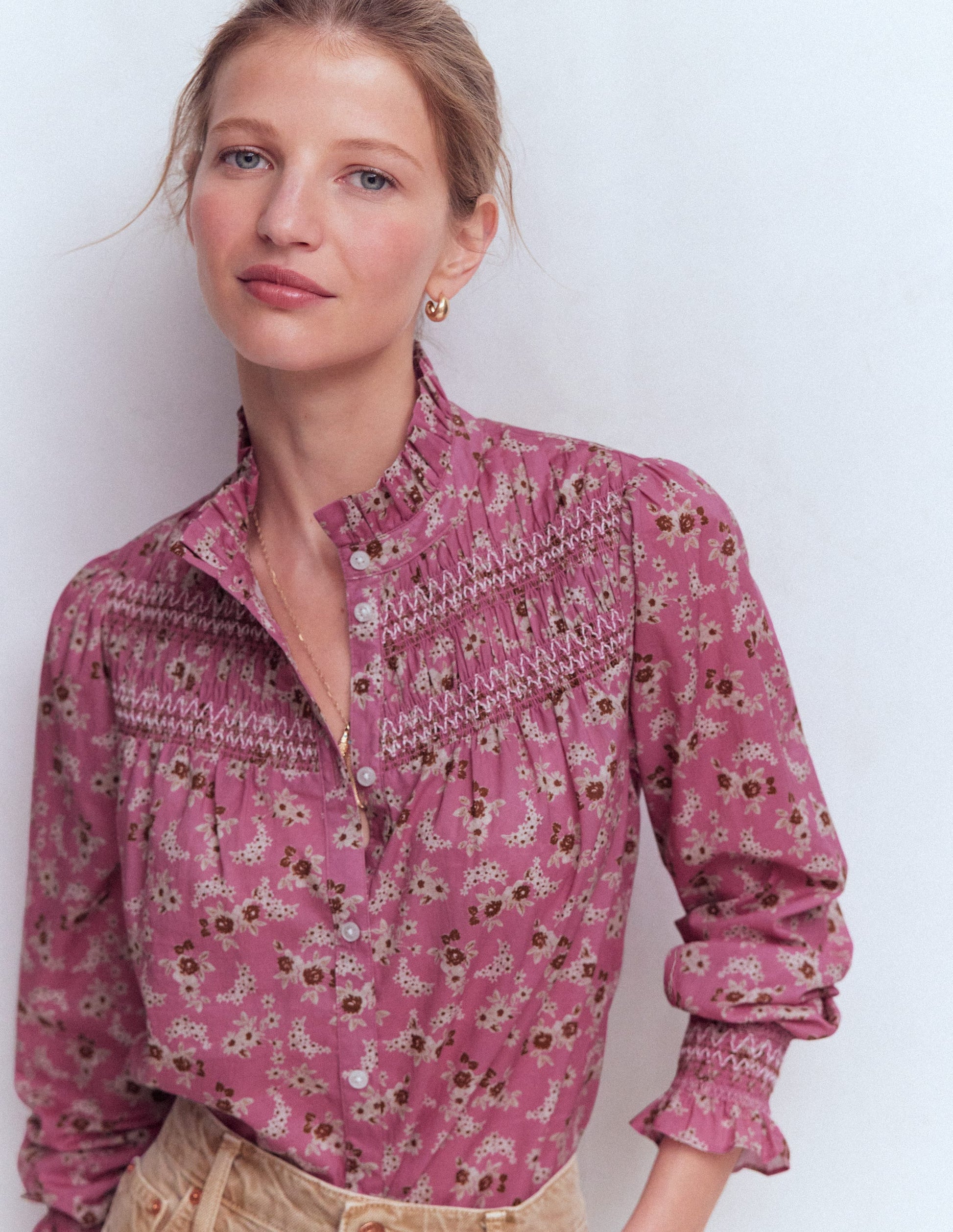 Esme Smocked Detail Frill Top-Pink, Dainty Blooms-5