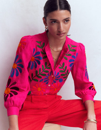 Alicia Linen Top-Pink Peony, Flower Embroidery-1