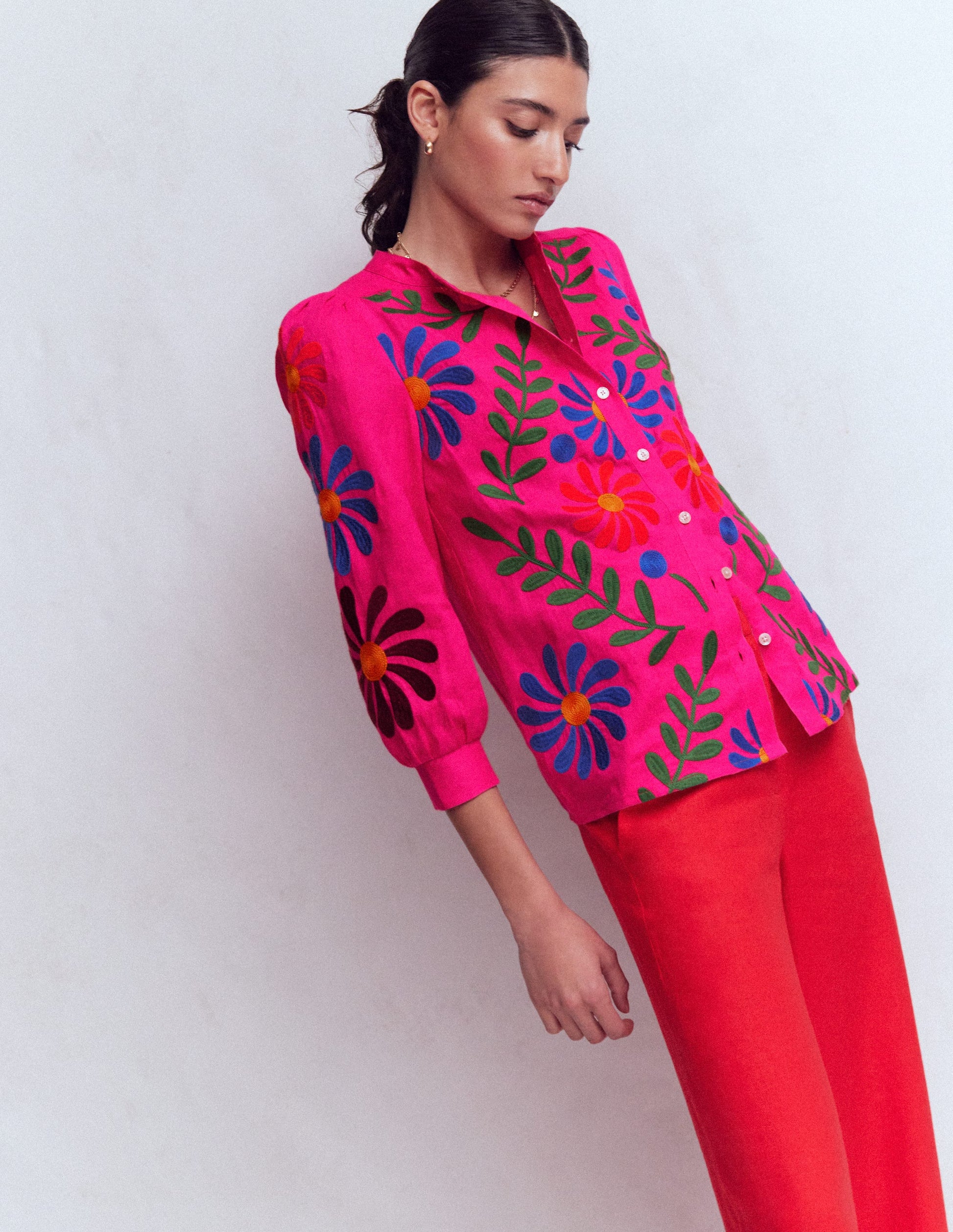 Alicia Linen Top-Pink Peony, Flower Embroidery-5