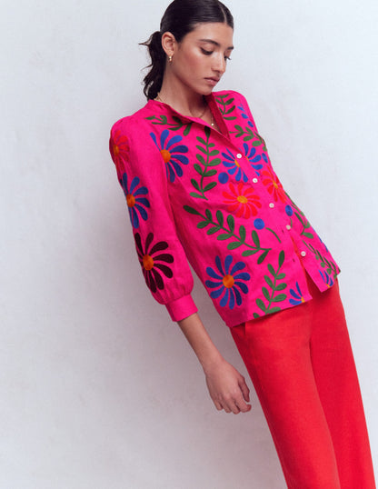 Alicia Linen Top-Pink Peony, Flower Embroidery-5