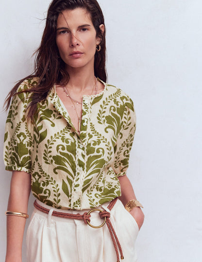 Leah Short Sleeve Linen Top-Ivory and Green Floral-1