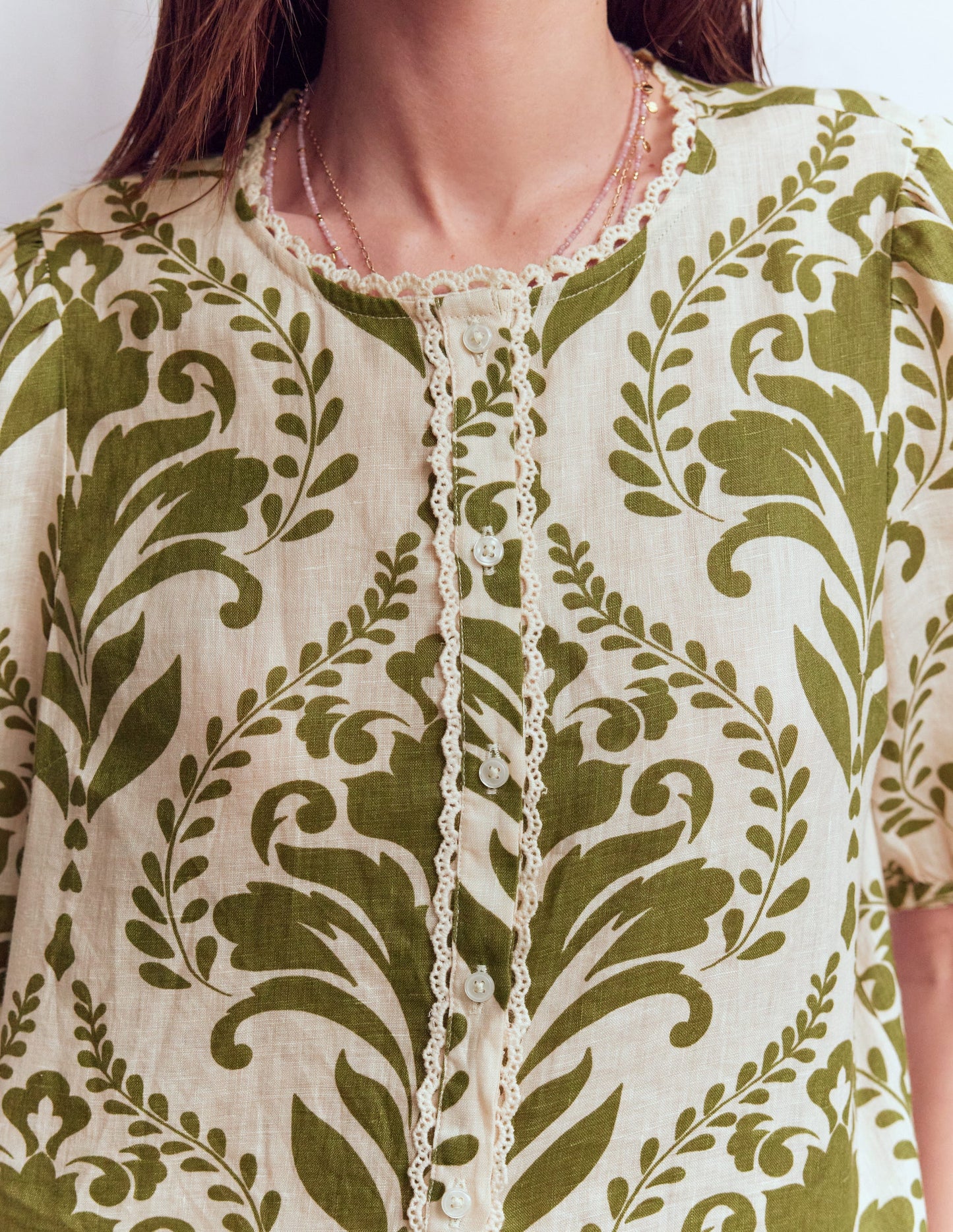 Leah Short Sleeve Linen Top-Ivory and Green Floral