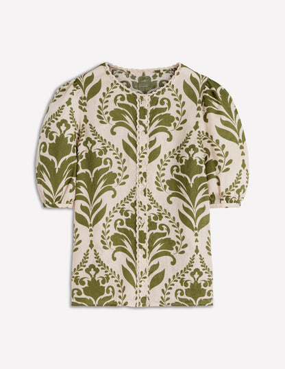 Leah Short Sleeve Linen Top-Ivory and Green Floral-6