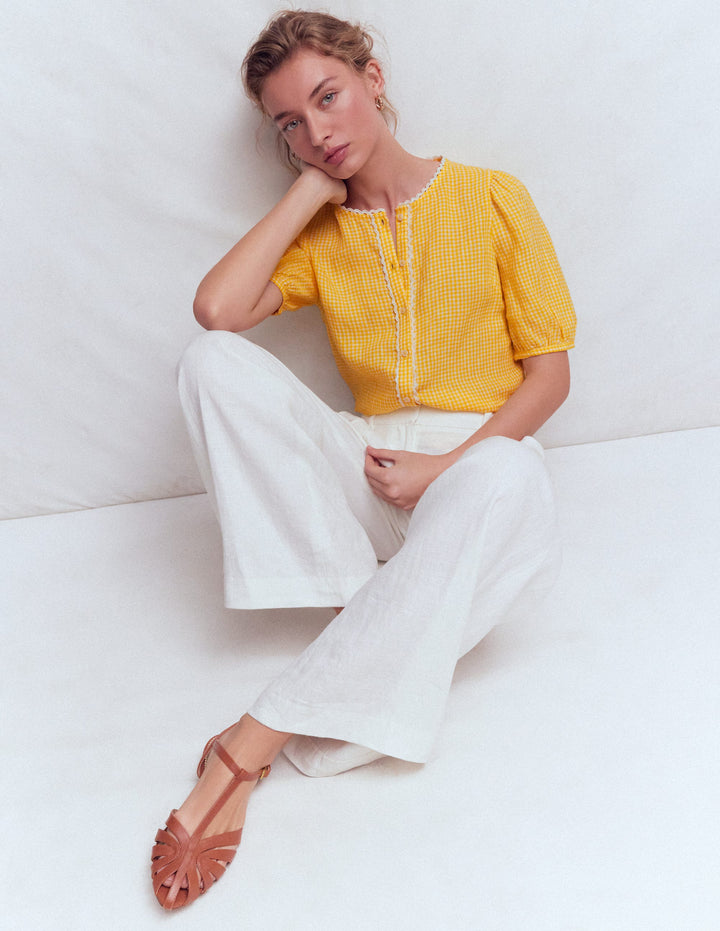 Leah Short Sleeve Linen Top-Sunshine Yellow Gingham