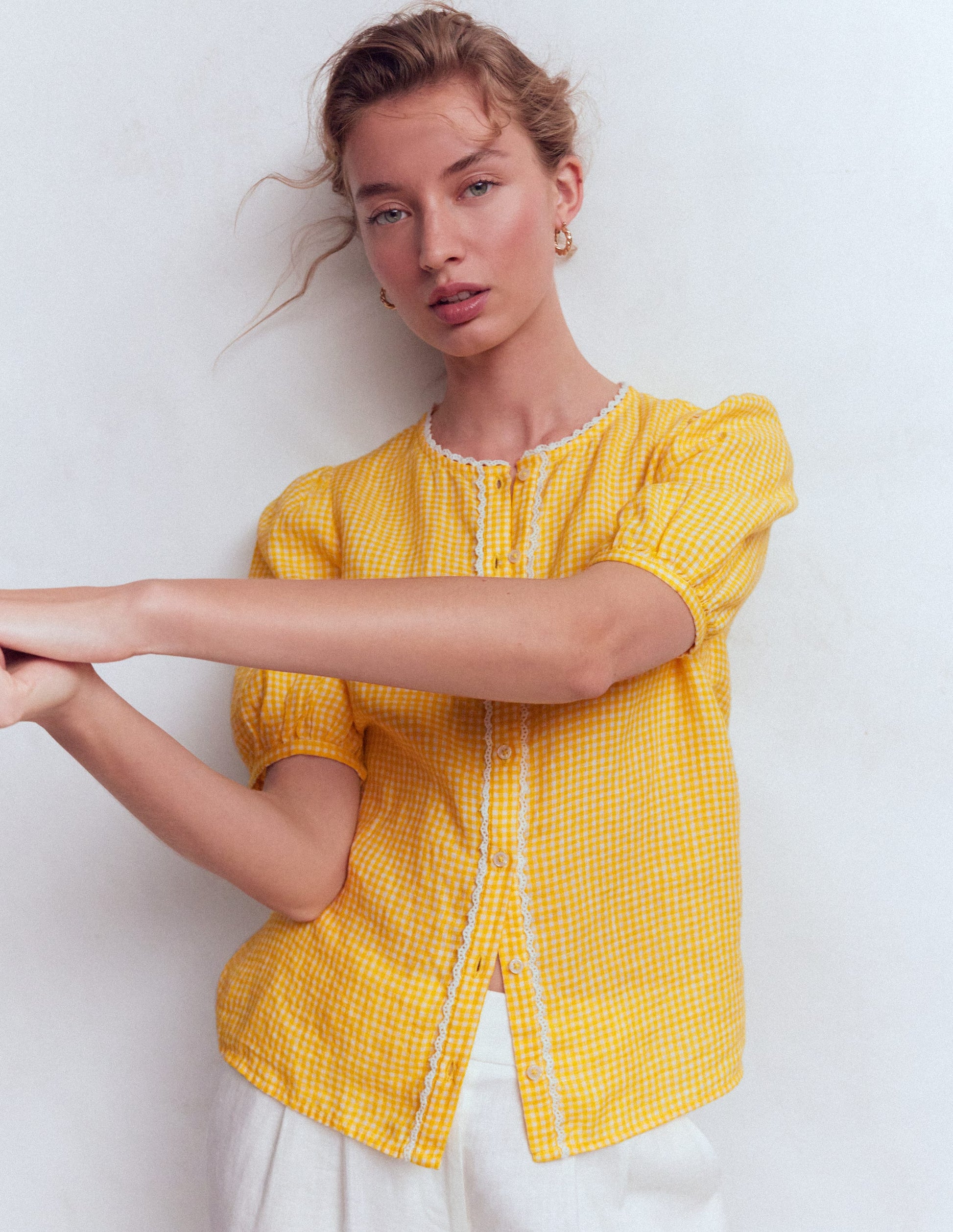 Leah Short Sleeve Linen Top-Sunshine Yellow Gingham-4