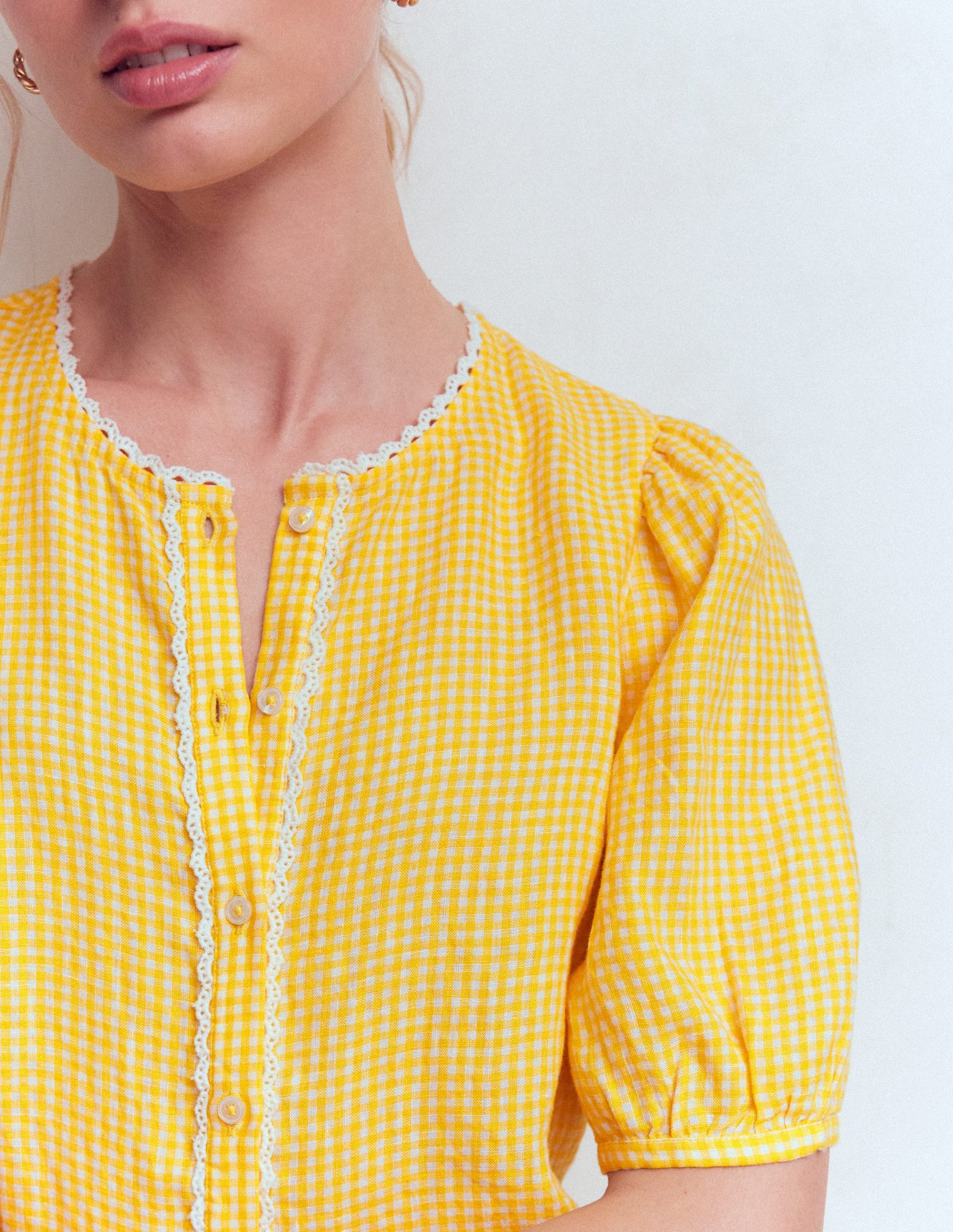 Leah Short Sleeve Linen Top-Sunshine Yellow Gingham-5