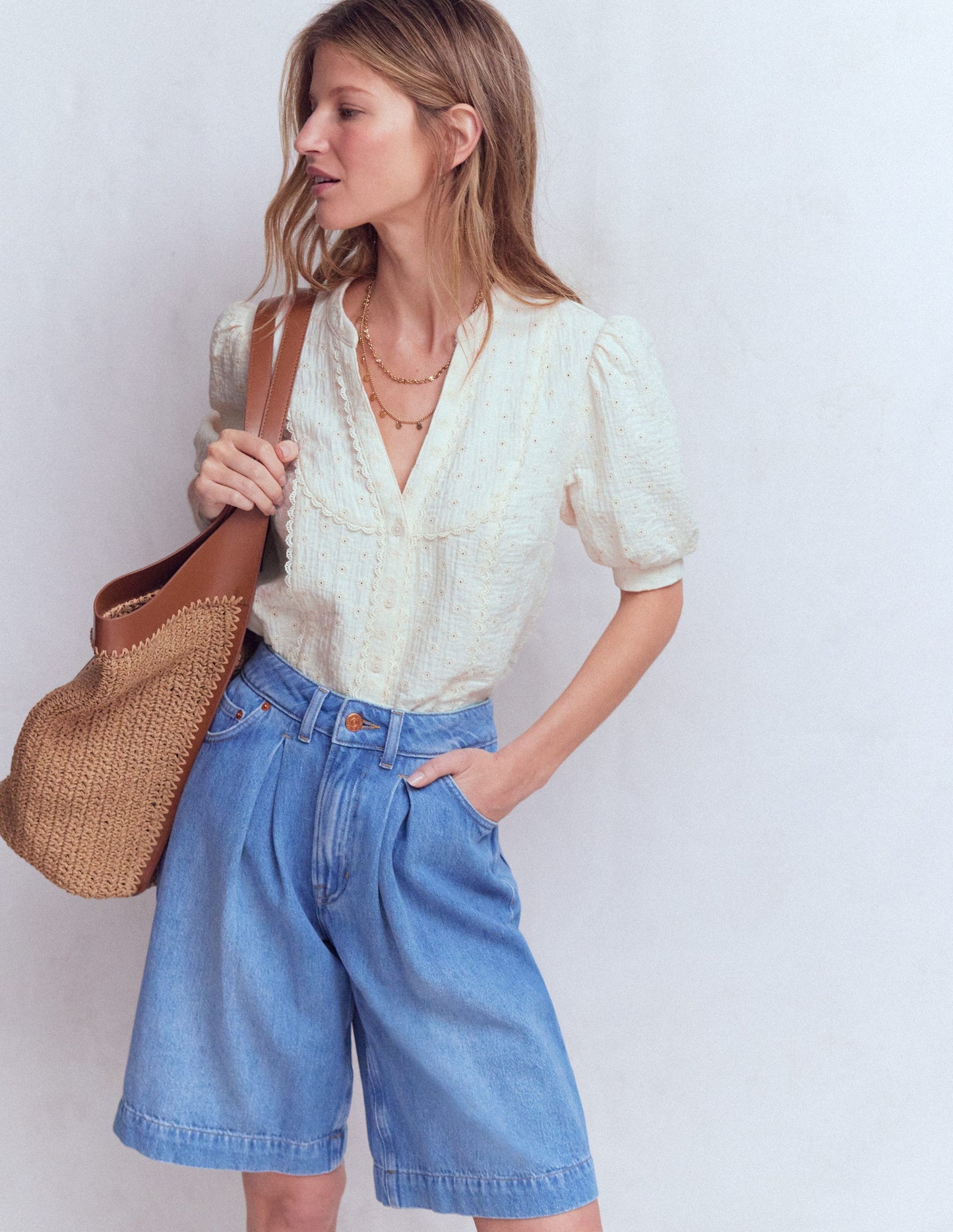 Trim Insert Double Cloth Top-Ivory Broderie