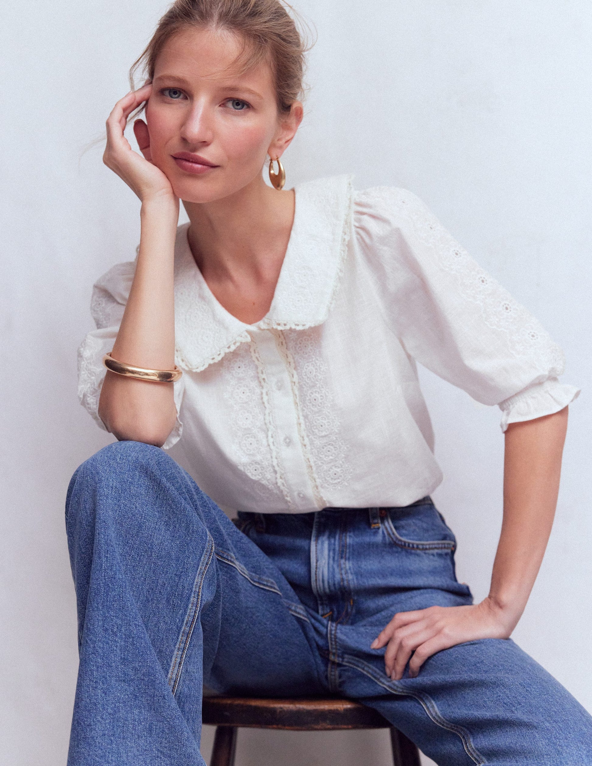 Short Sleeve Pretty Collar Top-Brilliant White-2