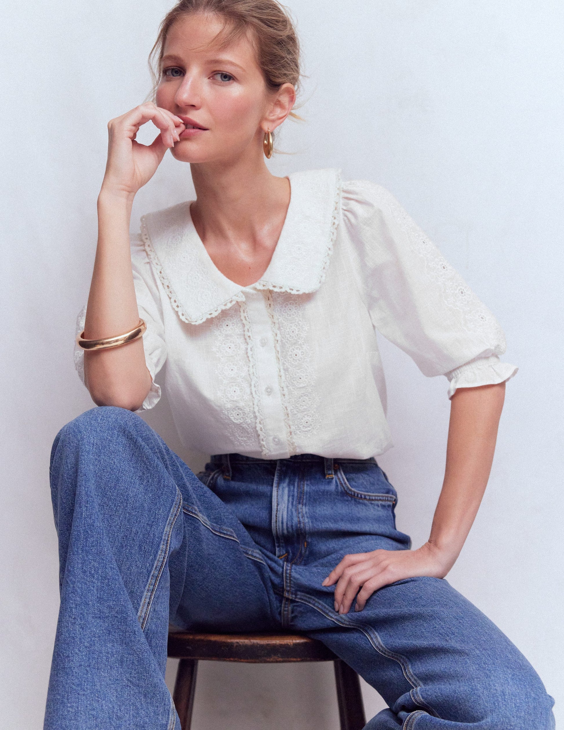 Short Sleeve Pretty Collar Top-Brilliant White-6