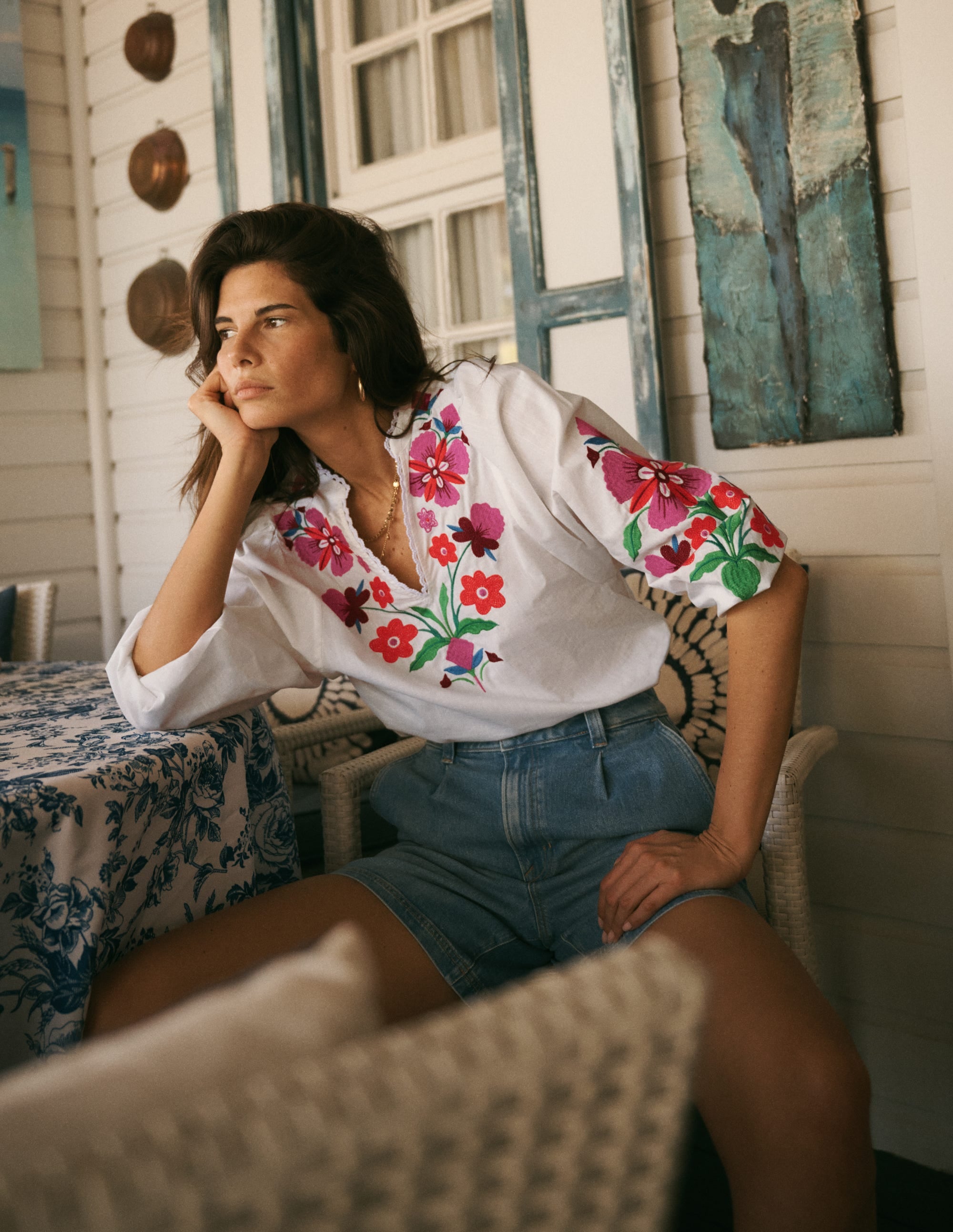 Embroidered Notch Neck Top-Placement Floral Embroidery - Image 1