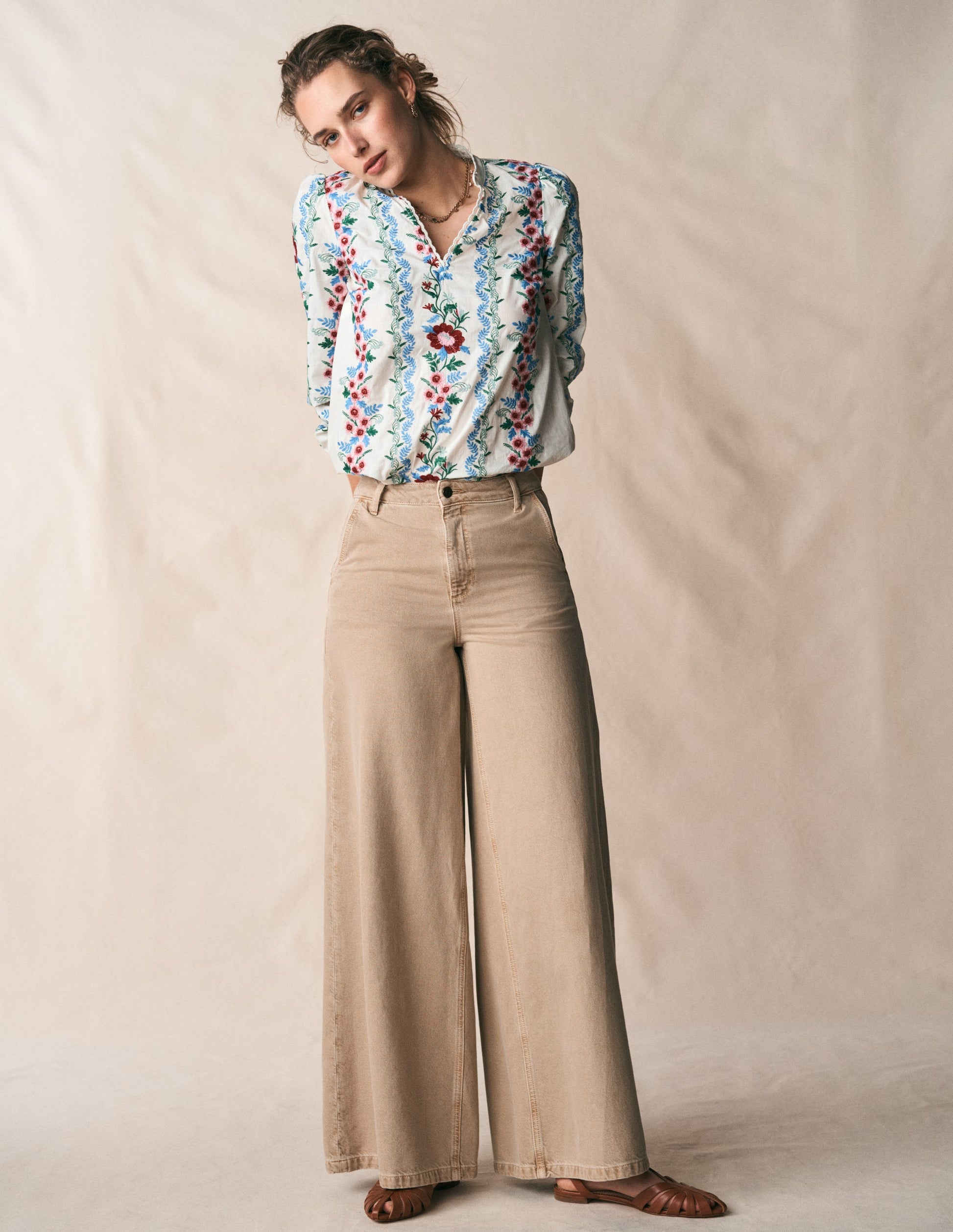 Embroidered Notch Neck Top-Floral Embroidery-8