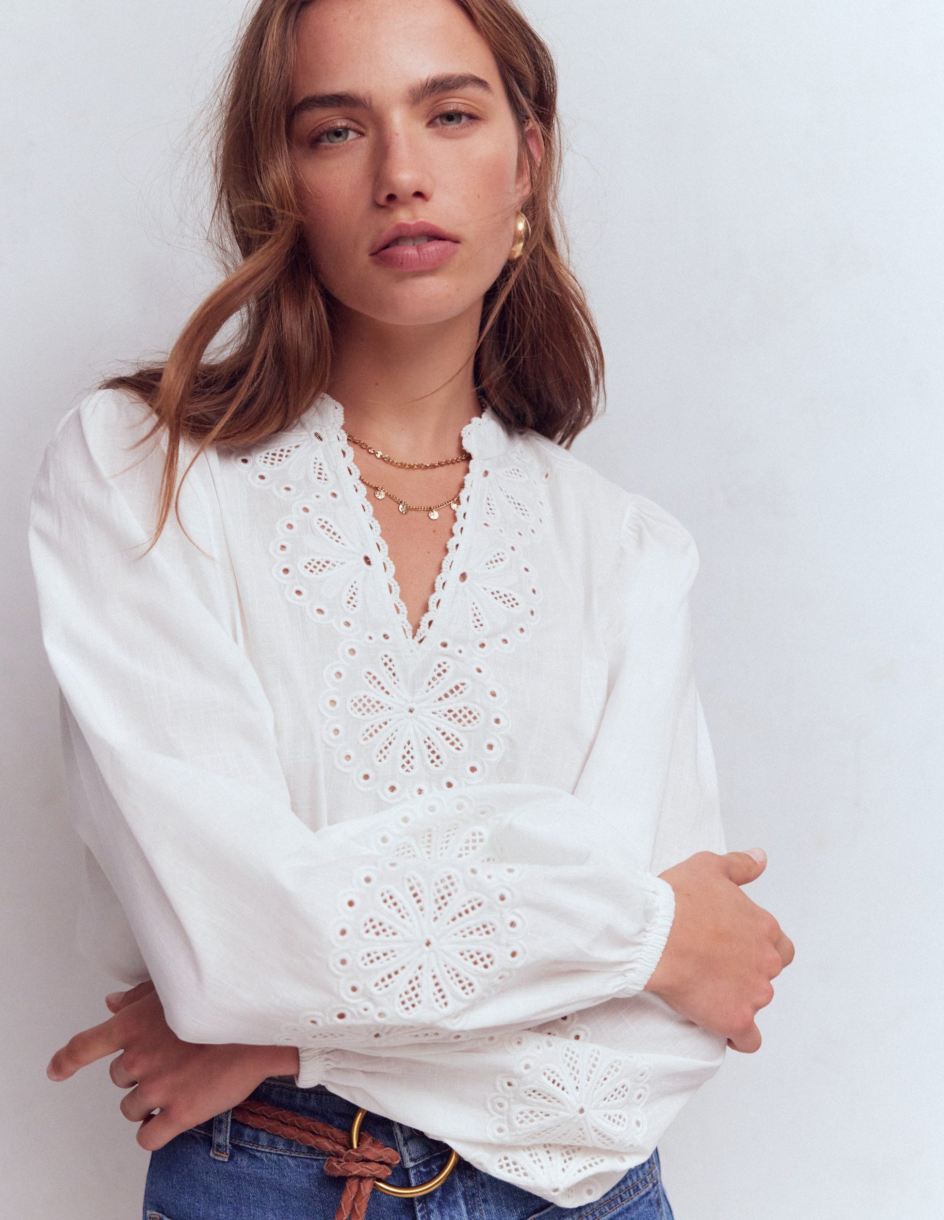 Embroidered Notch Neck Top-White | Boden USA Embroidered Notch Neck Top-White | Boden USA