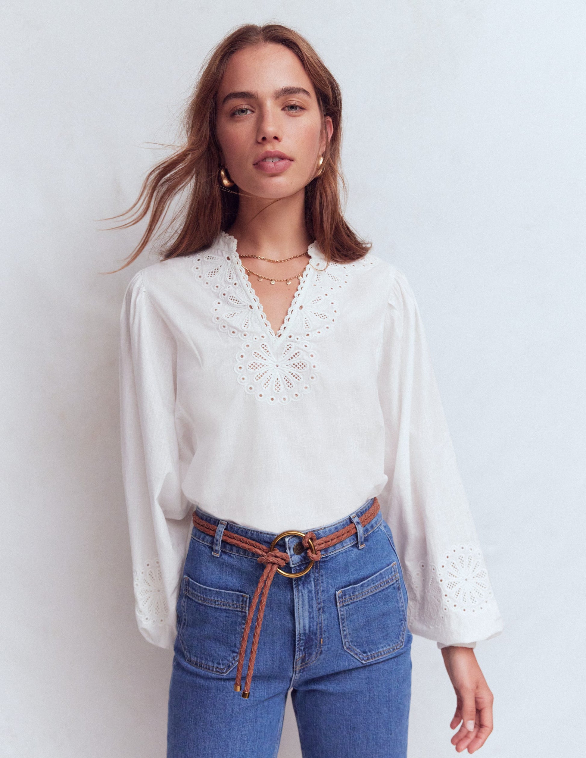 Embroidered Cotton Popover Top-White-4