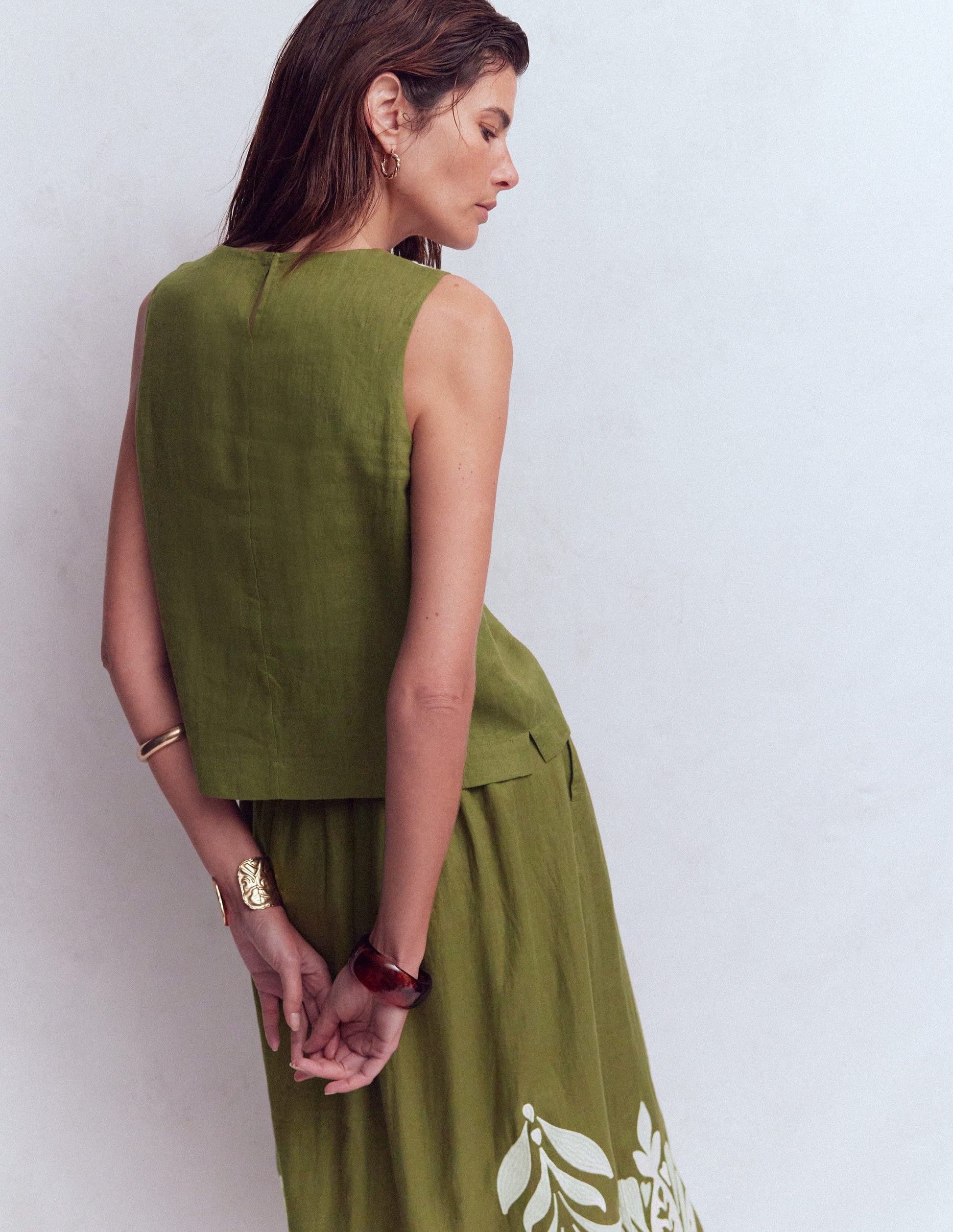 Sofia Embroidered Linen Top-Woodland Green-3