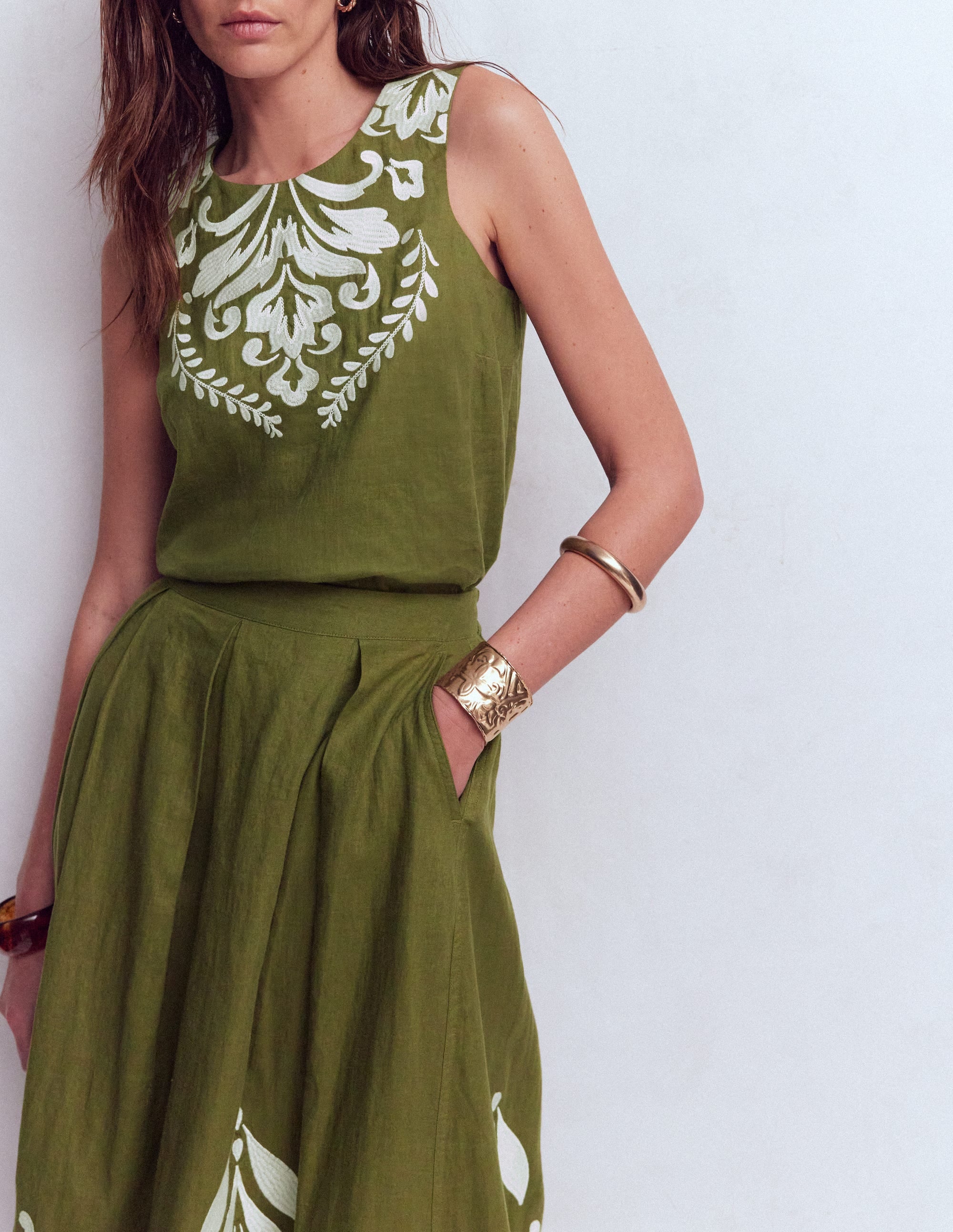 Sofia Embroidered Linen Top-Woodland Green | Boden USA