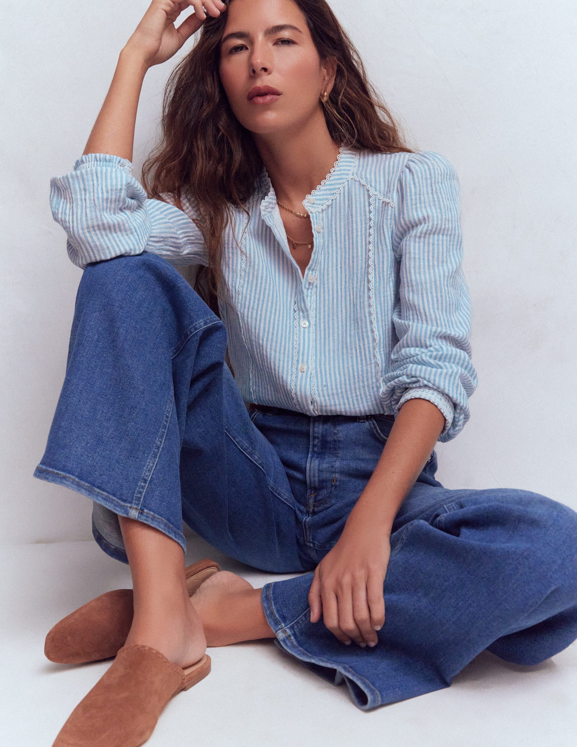 Rhea Trim Doublecloth Top-French Blue and Ivory Stripe | Boden USA