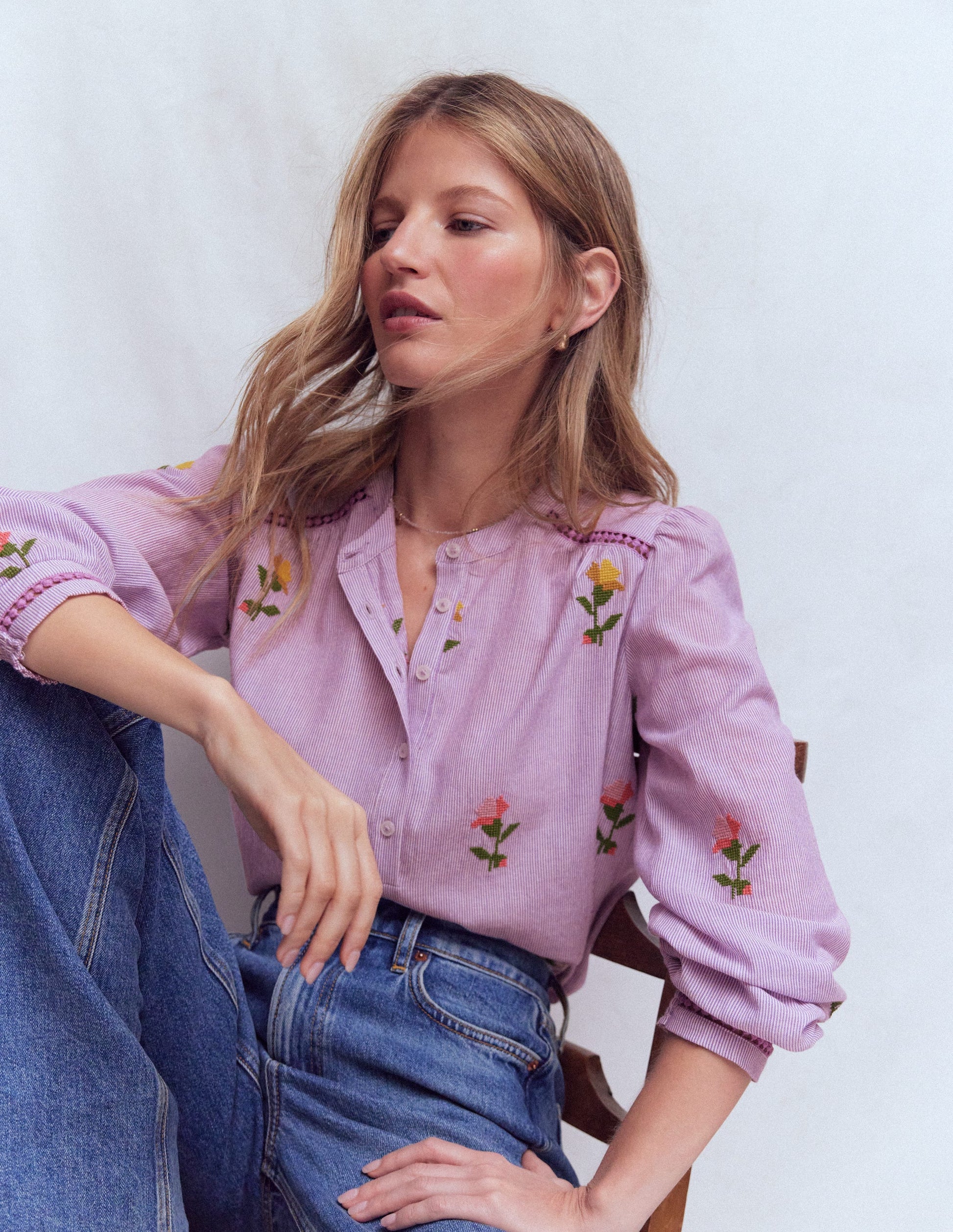 Embroidered Trim Interest Top-Purple Stripe Embroidery-1