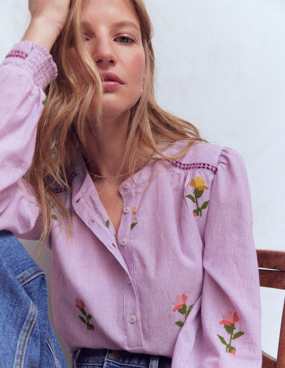 Embroidered Trim Interest Top-Purple Stripe Embroidery - Image 2