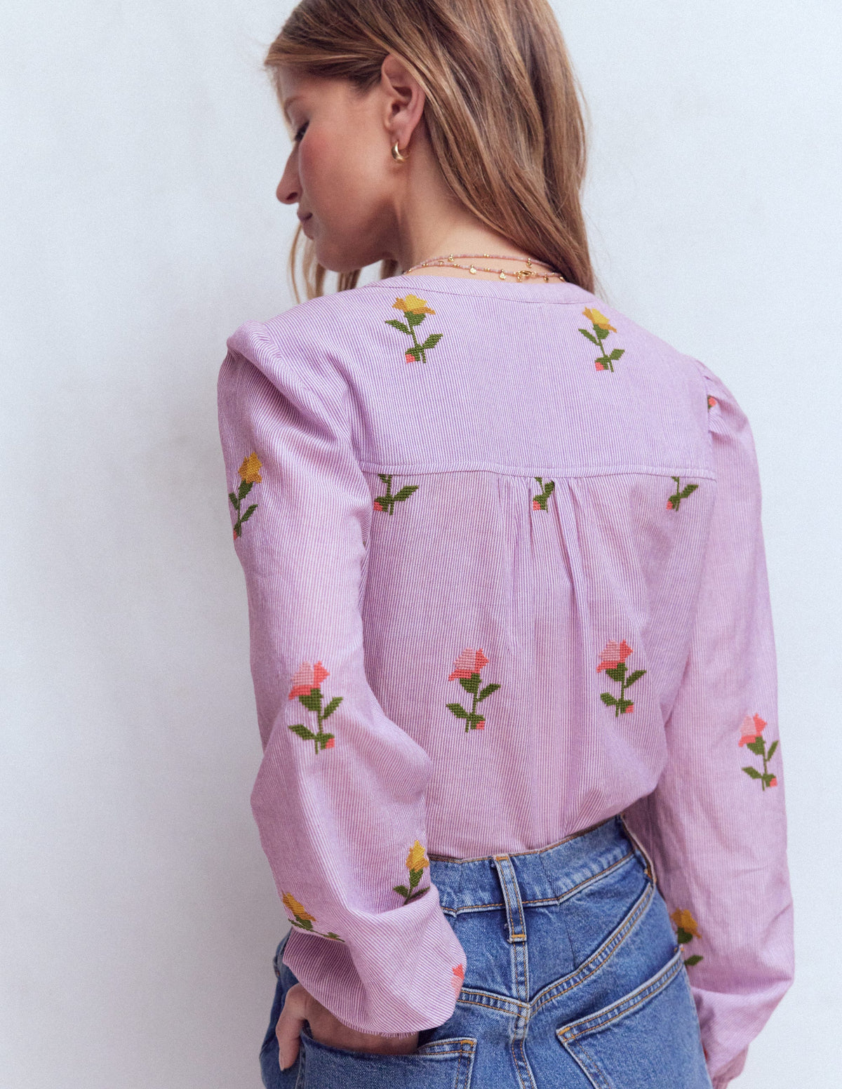 Embroidered Trim Interest Top-Purple Stripe Embroidery-3