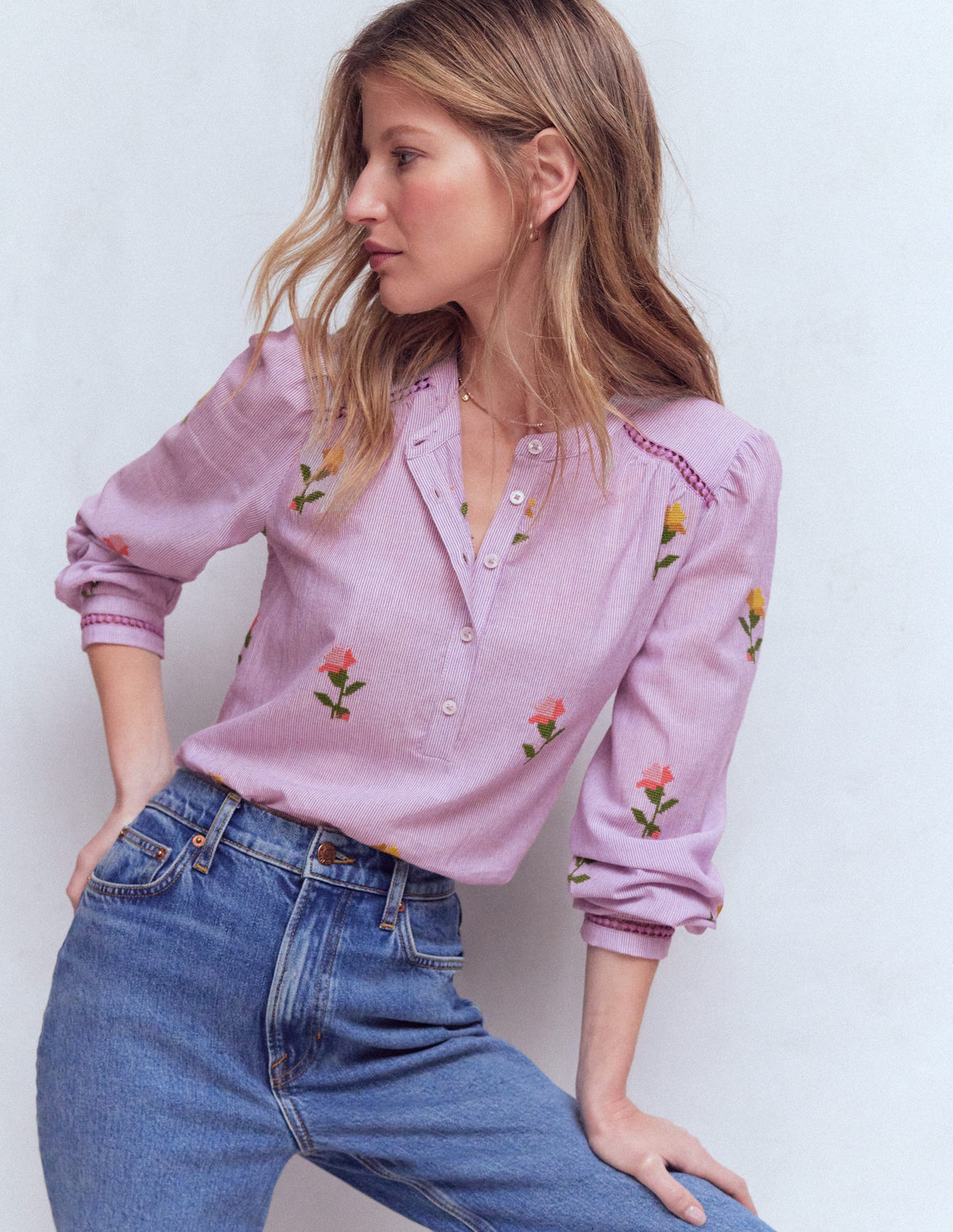 Embroidered Trim Interest Top-Purple Stripe Embroidery-4