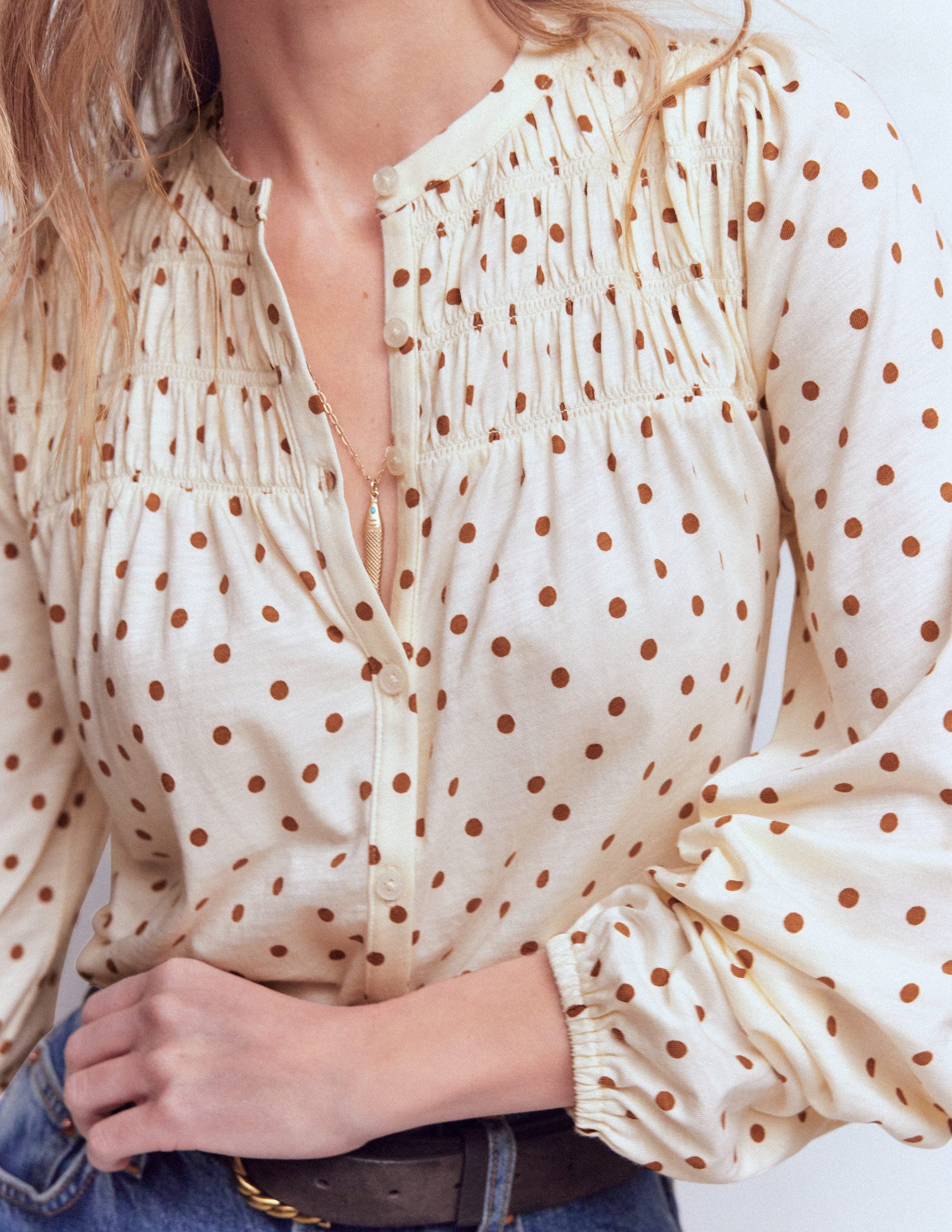 Mya Smocked Jersey Shirt-Ginger, Painted Spot-2