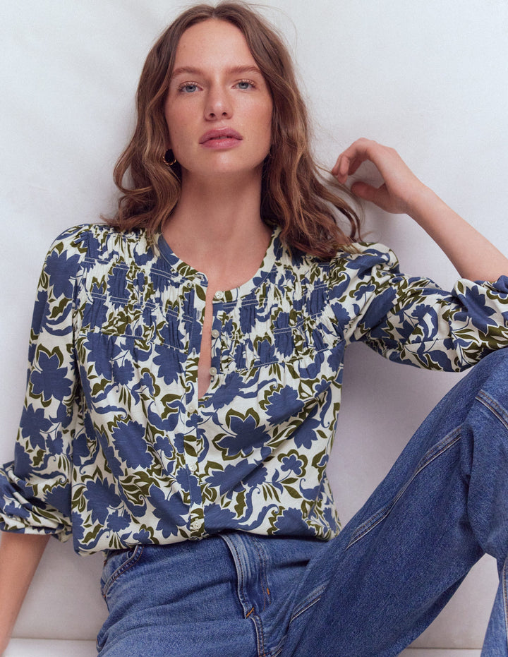 Mya Smocked Jersey Shirt-True Navy, Shadow Blossom