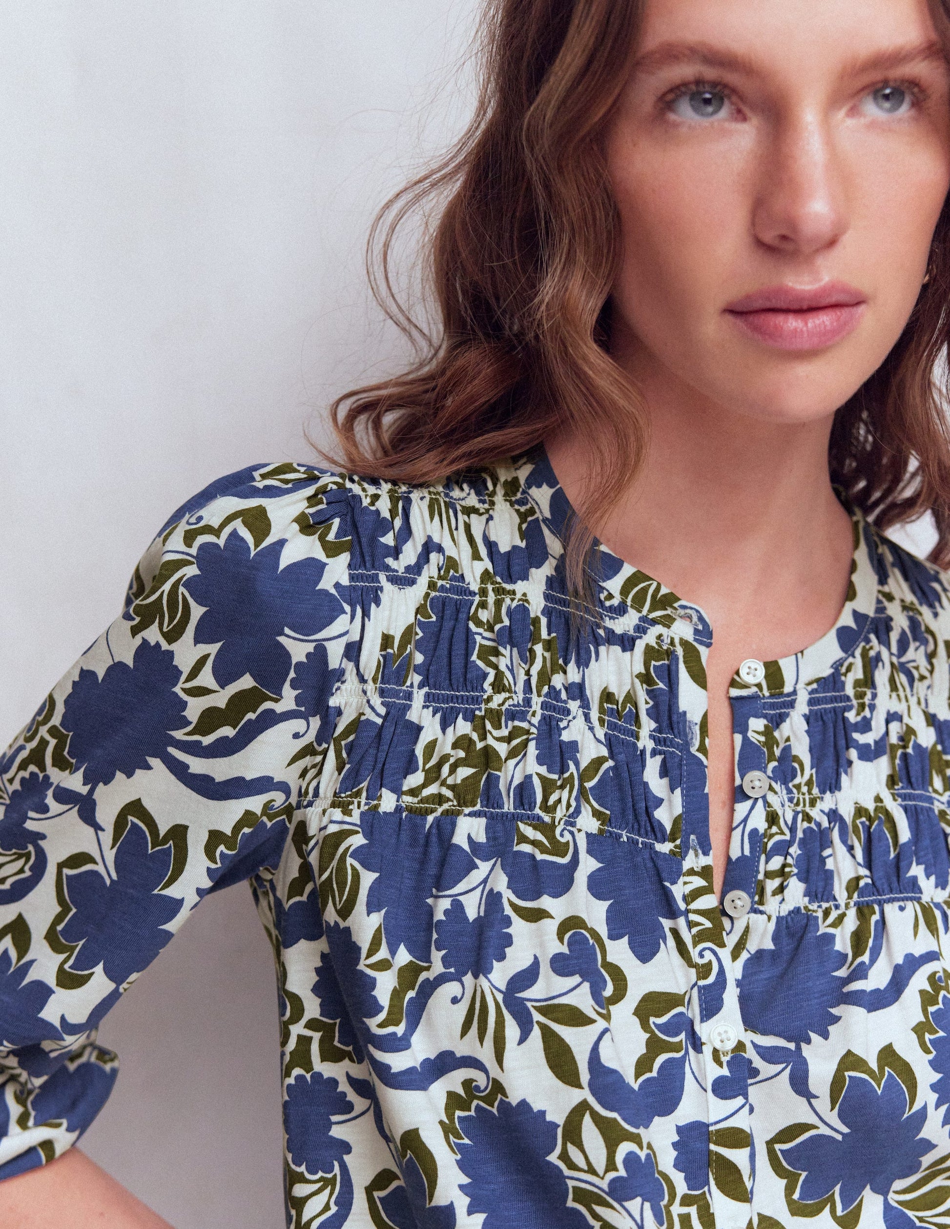 Mya Smocked Jersey Shirt-True Navy, Shadow Blossom-2