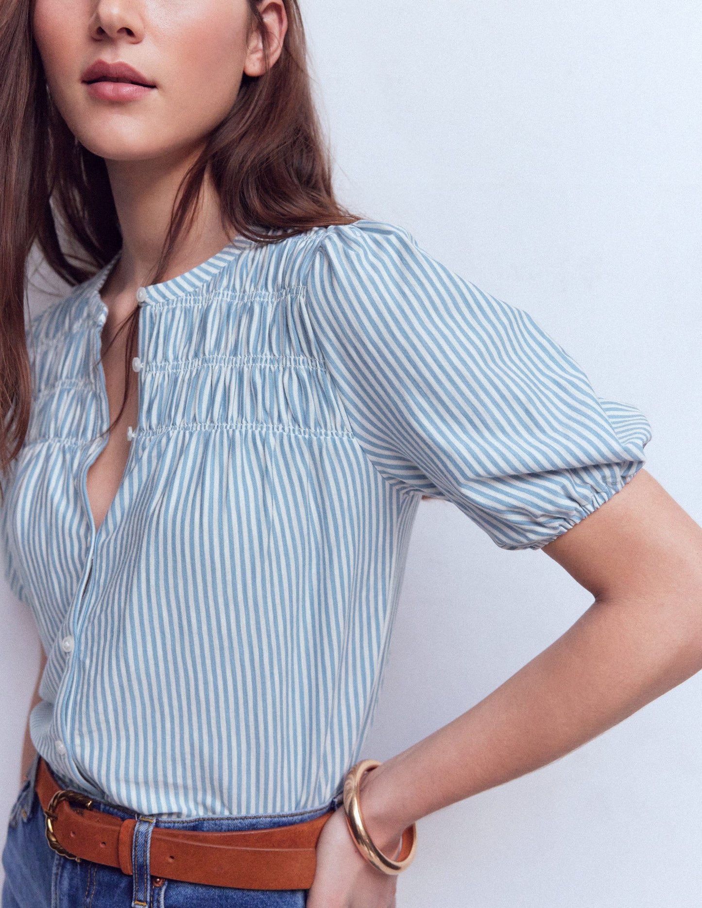 Mya Short Sleeve Smocked Shirt-French Blue and Ivory Stripe